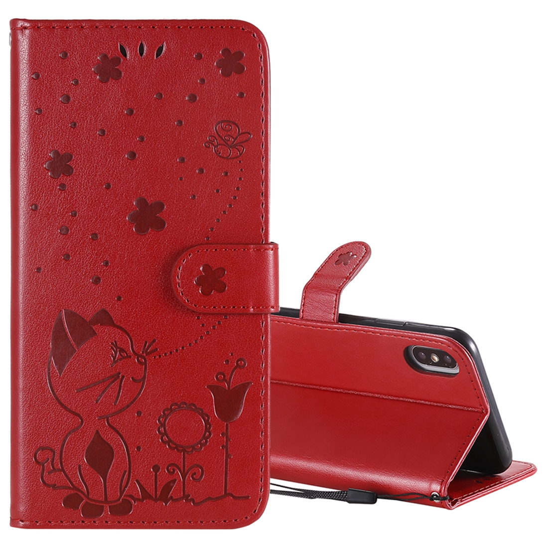 For iPhone XS Max Cat Bee Embossing Pattern Shockproof Horizontal Flip Leather Case with Holder & Card Slots & Wallet(Red) - Shopkiz.com
