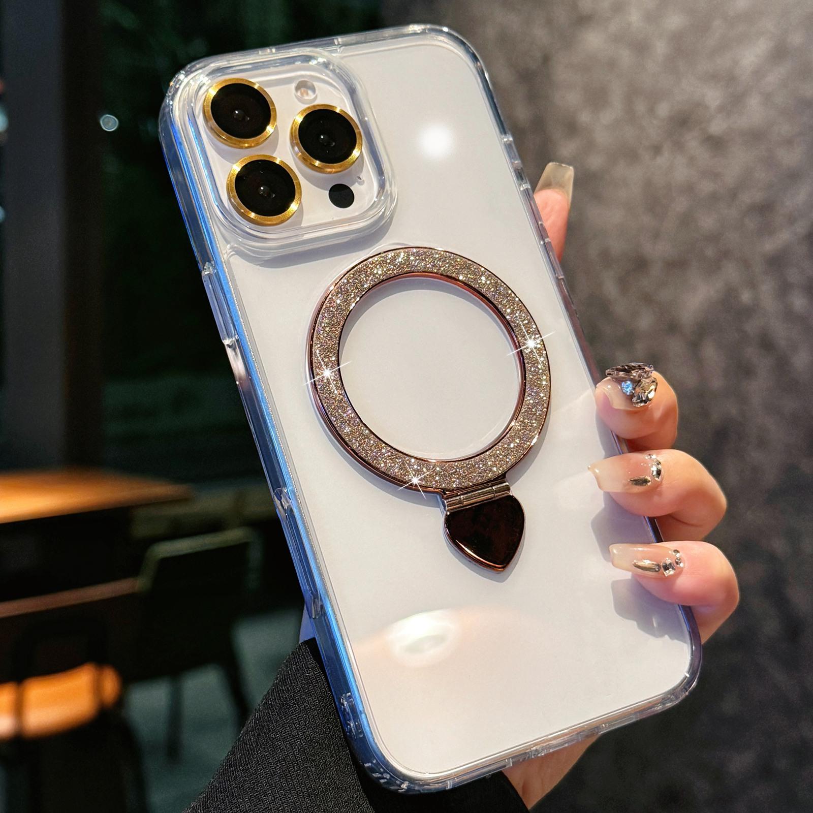 For iPhone 16 Pro Max Love Glitter Powder MagSafe Holder Phone Case with Lens Film(Gold) - Shopkiz.com