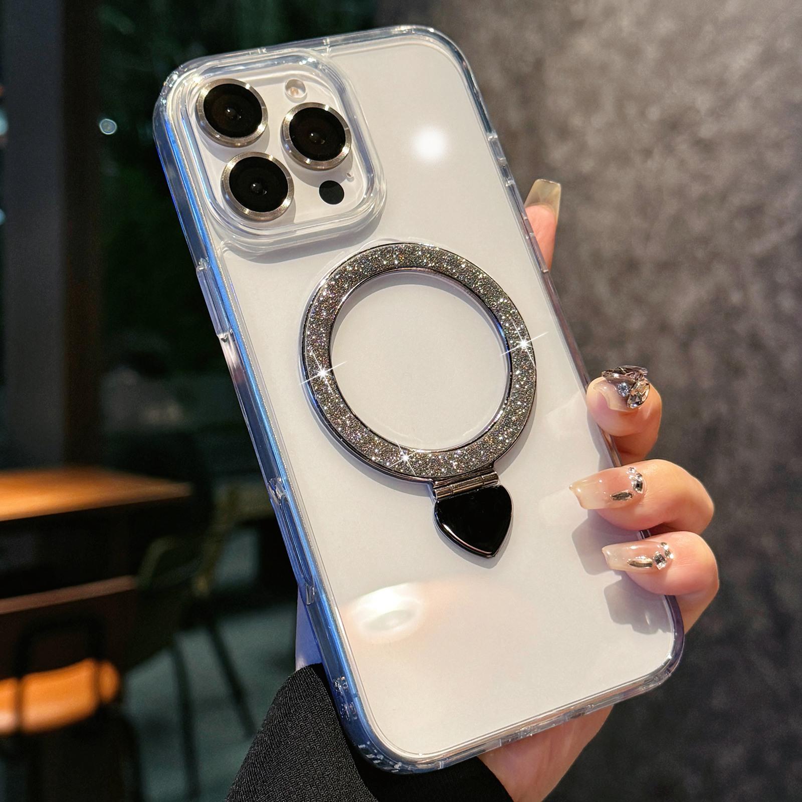 For iPhone 16 Pro Love Glitter Powder MagSafe Holder Phone Case with Lens Film(Black) - Shopkiz.com