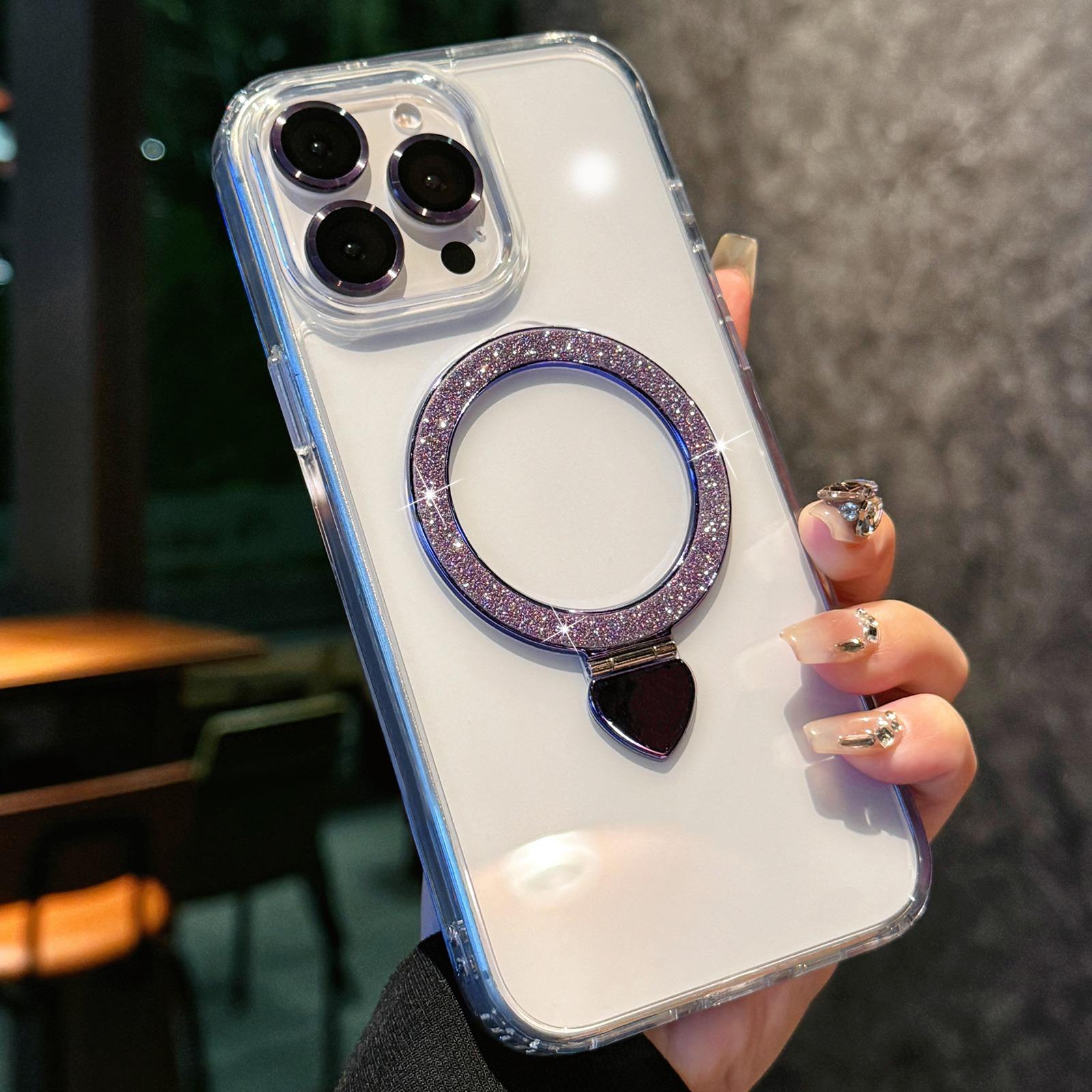 For iPhone 14 Pro Love Glitter Powder MagSafe Holder Phone Case with Lens Film(Purple) - Shopkiz.com