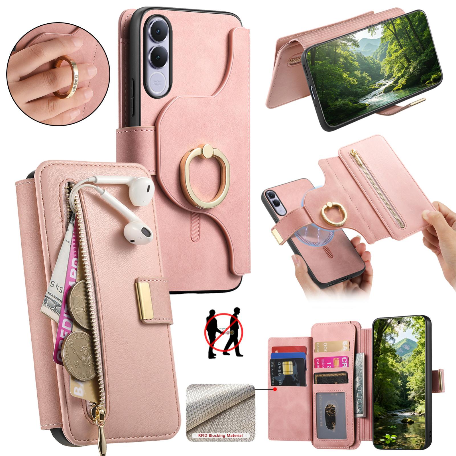 For vivo V70 FE 5G Ring Zipper Wallet RFID Blocking MagSafe Leather Phone Case(Pink) - Shopkiz.com