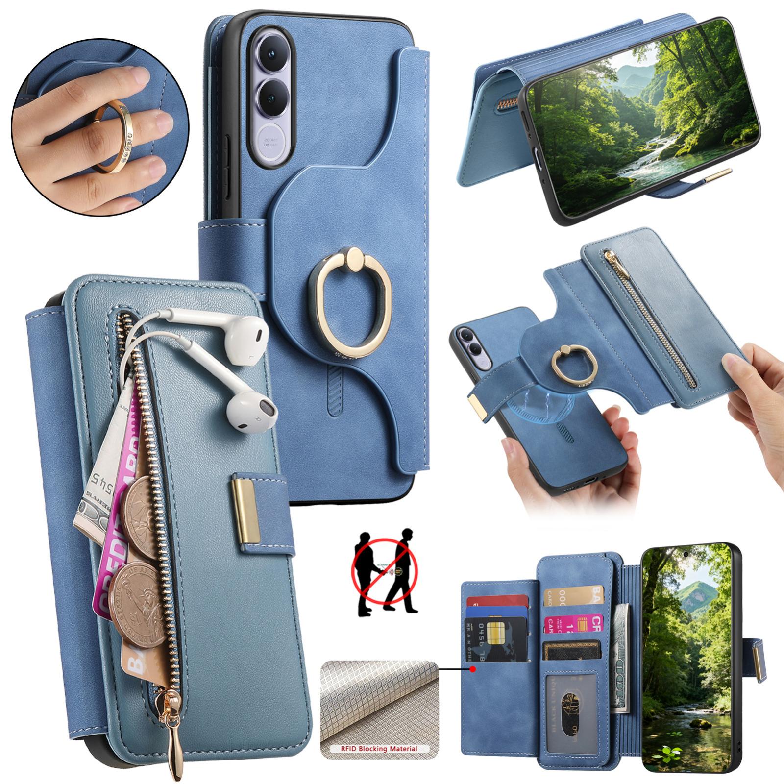 For vivo V70 FE 5G Ring Zipper Wallet RFID Blocking MagSafe Leather Phone Case(Blue) - Shopkiz.com