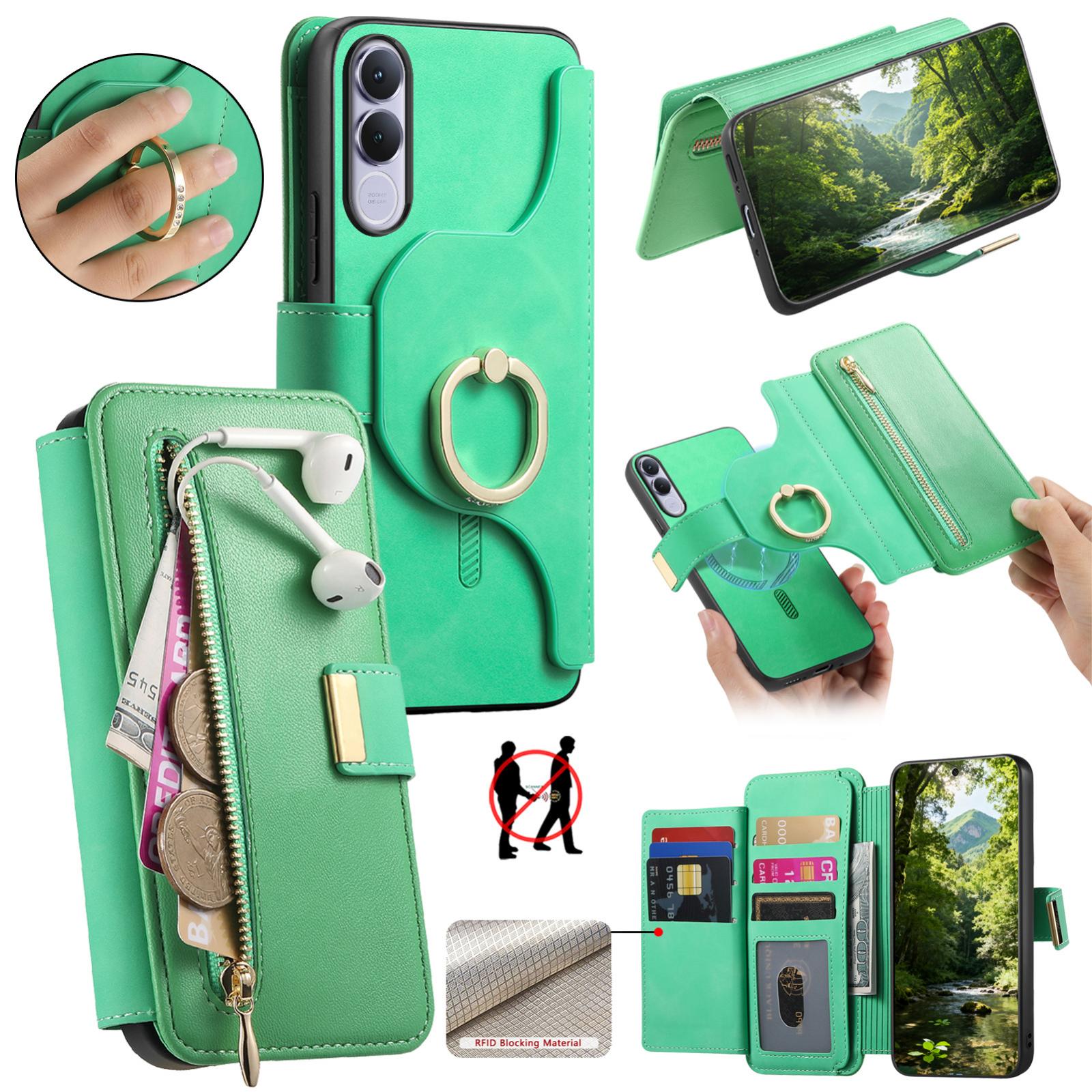 For vivo V70 FE 5G Ring Zipper Wallet RFID Blocking MagSafe Leather Phone Case(Green) - Shopkiz.com