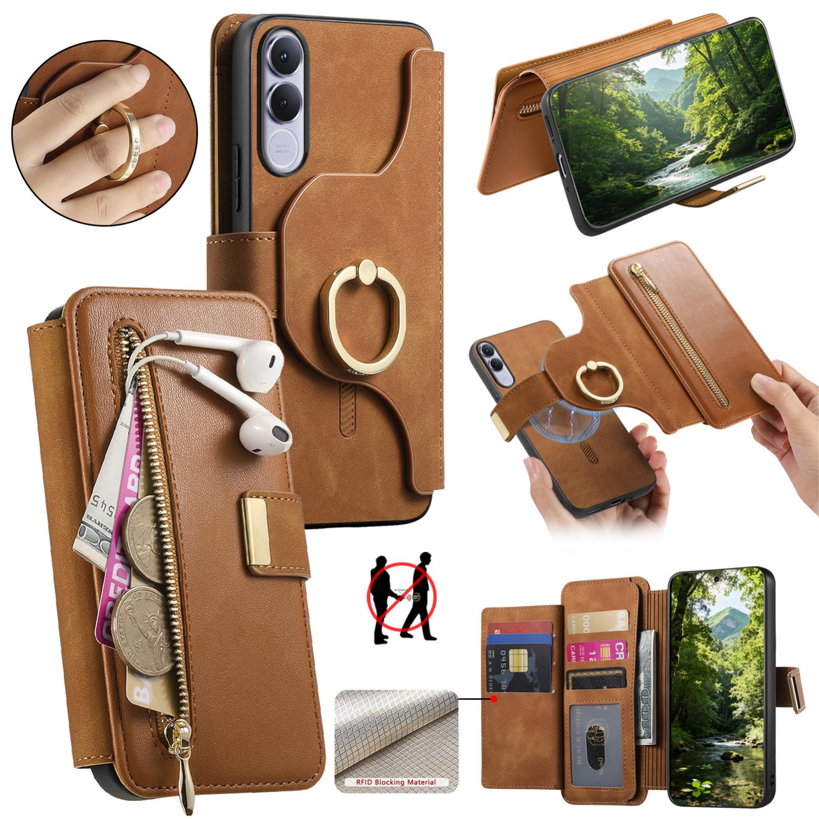 For vivo V70 FE 5G Ring Zipper Wallet RFID Blocking MagSafe Leather Phone Case(Brown) - Shopkiz.com