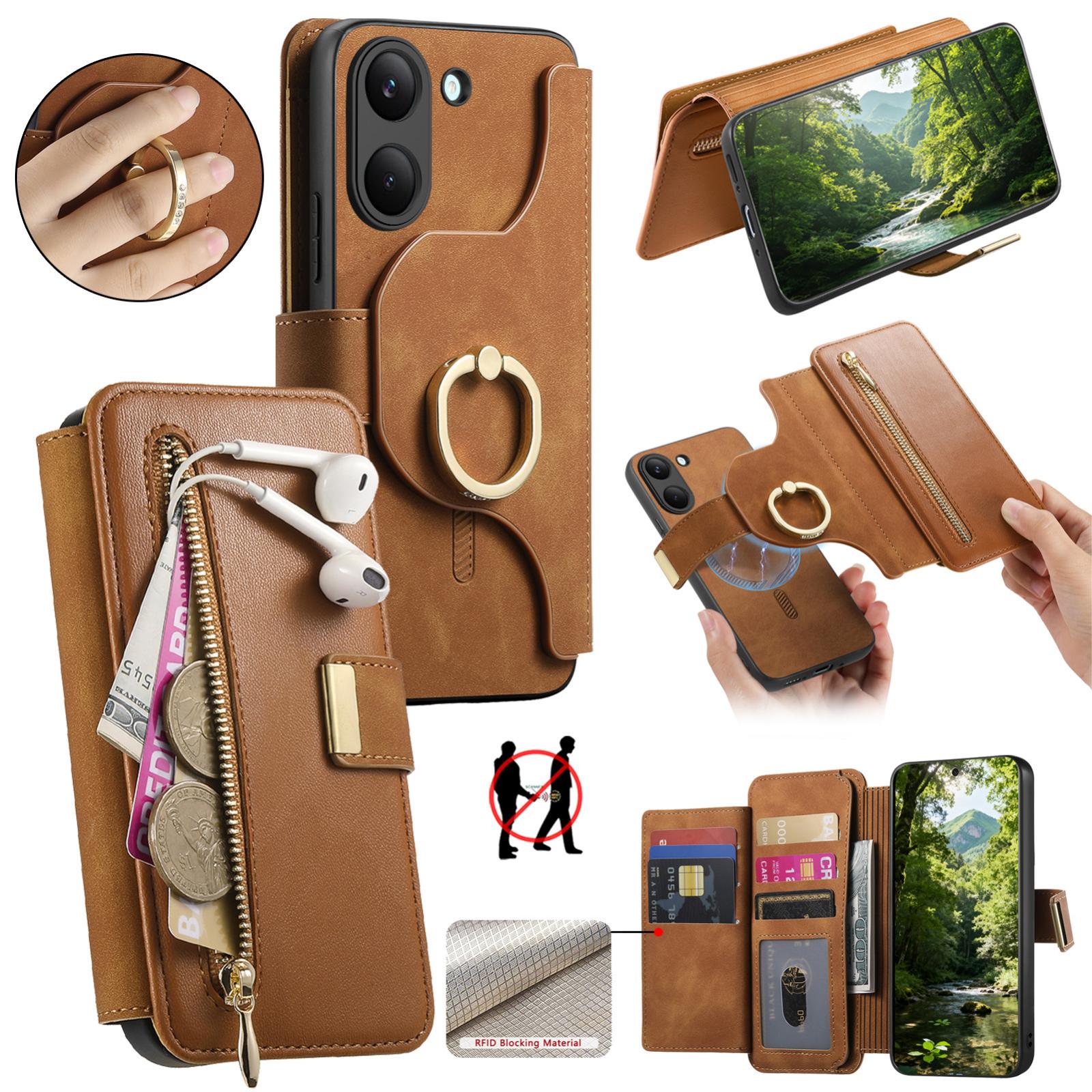 For Honor Play 80 Plus 5G Ring Zipper Wallet RFID Blocking MagSafe Leather Phone Case(Brown) - Shopkiz.com