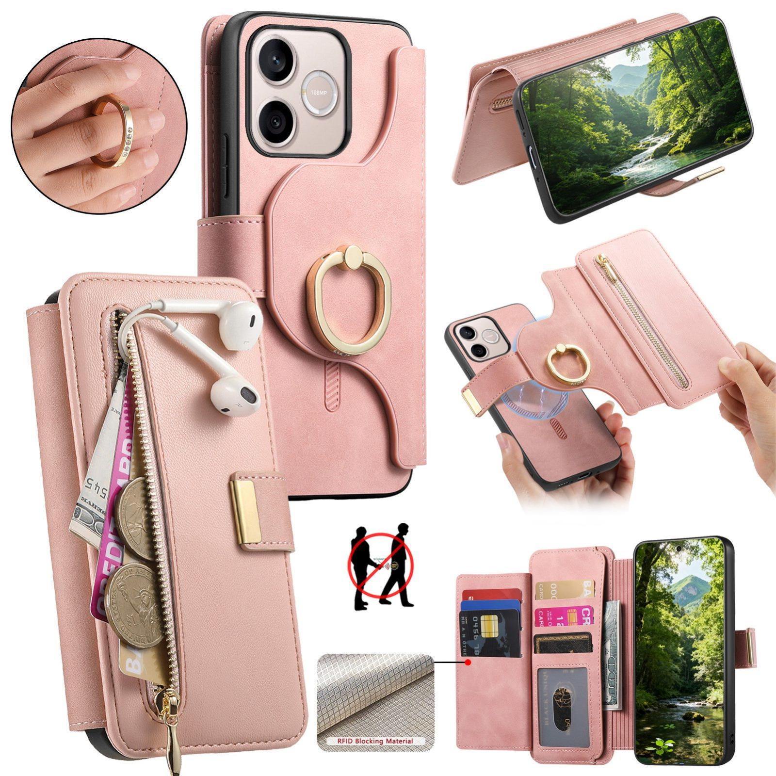 For Honor 600 Lite Global Ring Zipper Wallet RFID Blocking MagSafe Leather Phone Case(Pink) - Shopkiz.com