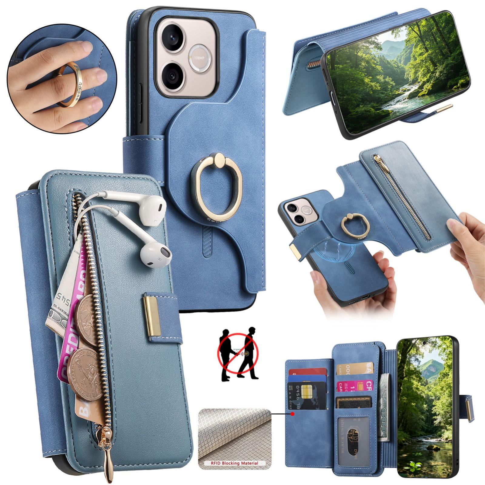 For Honor 600 Lite Global Ring Zipper Wallet RFID Blocking MagSafe Leather Phone Case(Blue) - Shopkiz.com