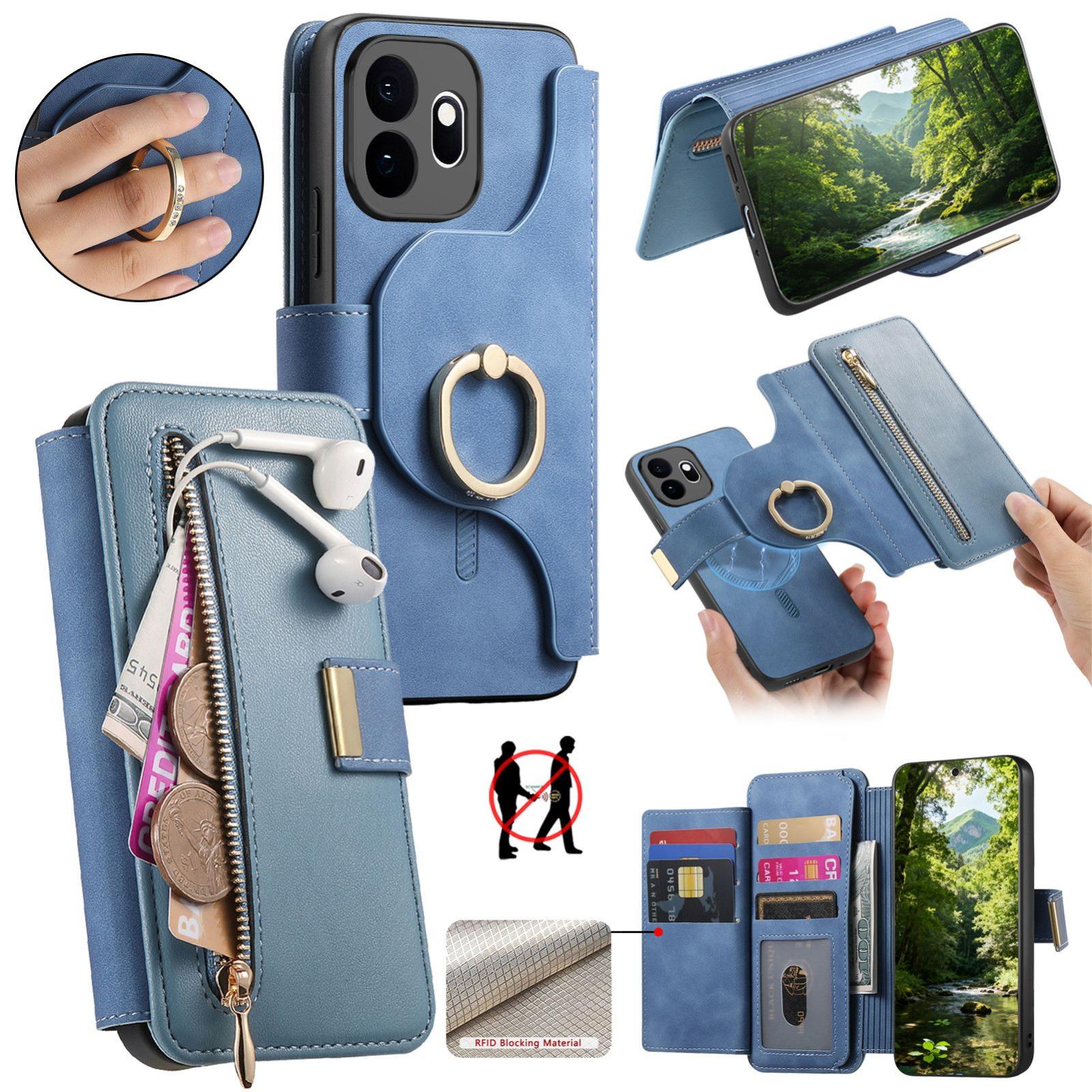 For OnePlus 15T Ring Zipper Wallet RFID Blocking MagSafe Leather Phone Case(Blue) - Shopkiz.com