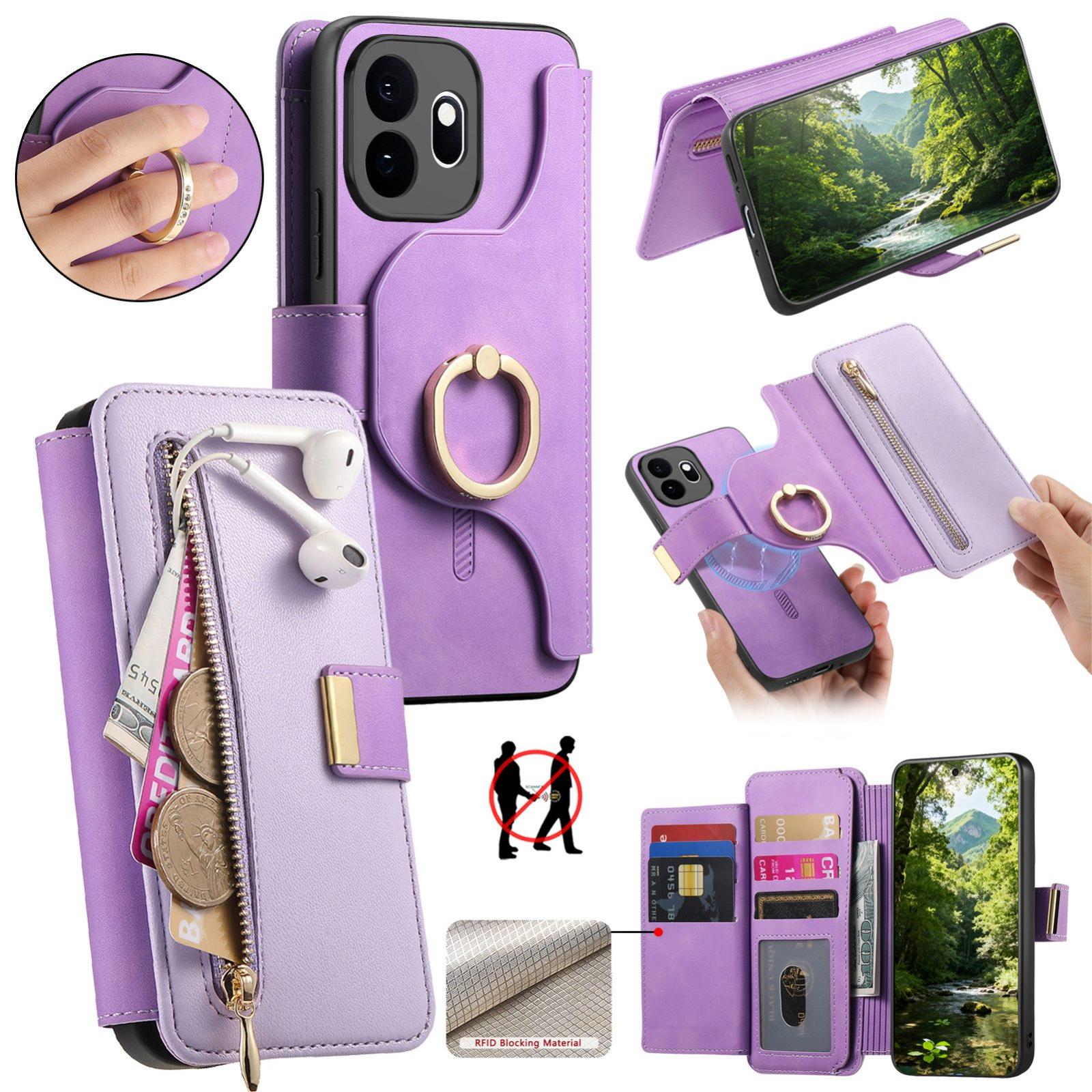 For OnePlus 15T Ring Zipper Wallet RFID Blocking MagSafe Leather Phone Case(Purple) - Shopkiz.com
