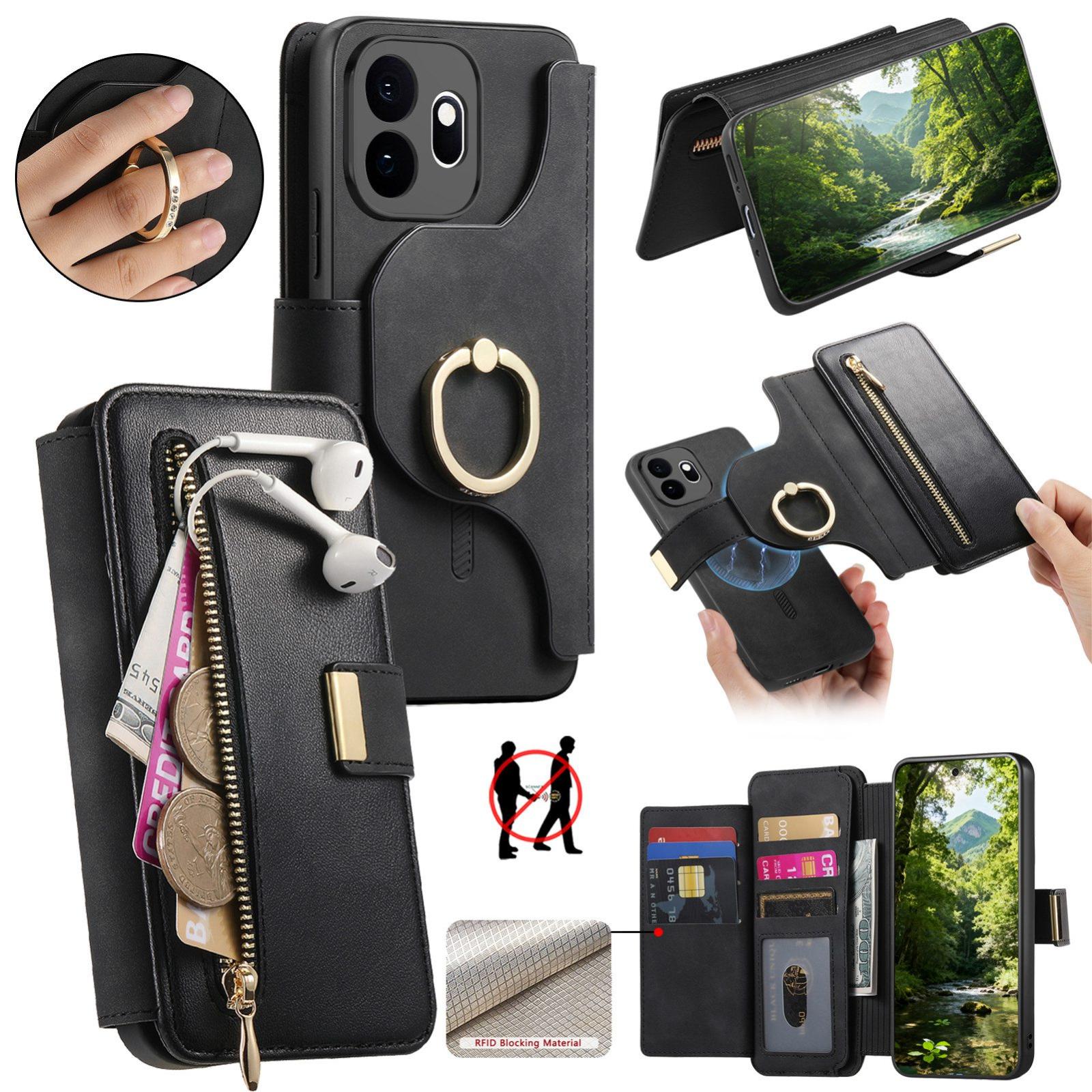 For OnePlus 15T Ring Zipper Wallet RFID Blocking MagSafe Leather Phone Case(Black) - Shopkiz.com
