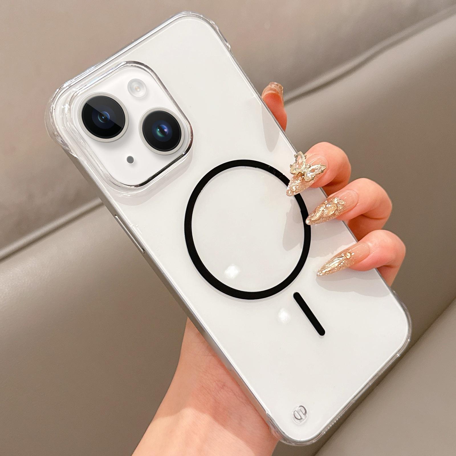 For iPhone 15 Half Frame Transparent PC MagSafe Phone Case(Black) - Shopkiz.com