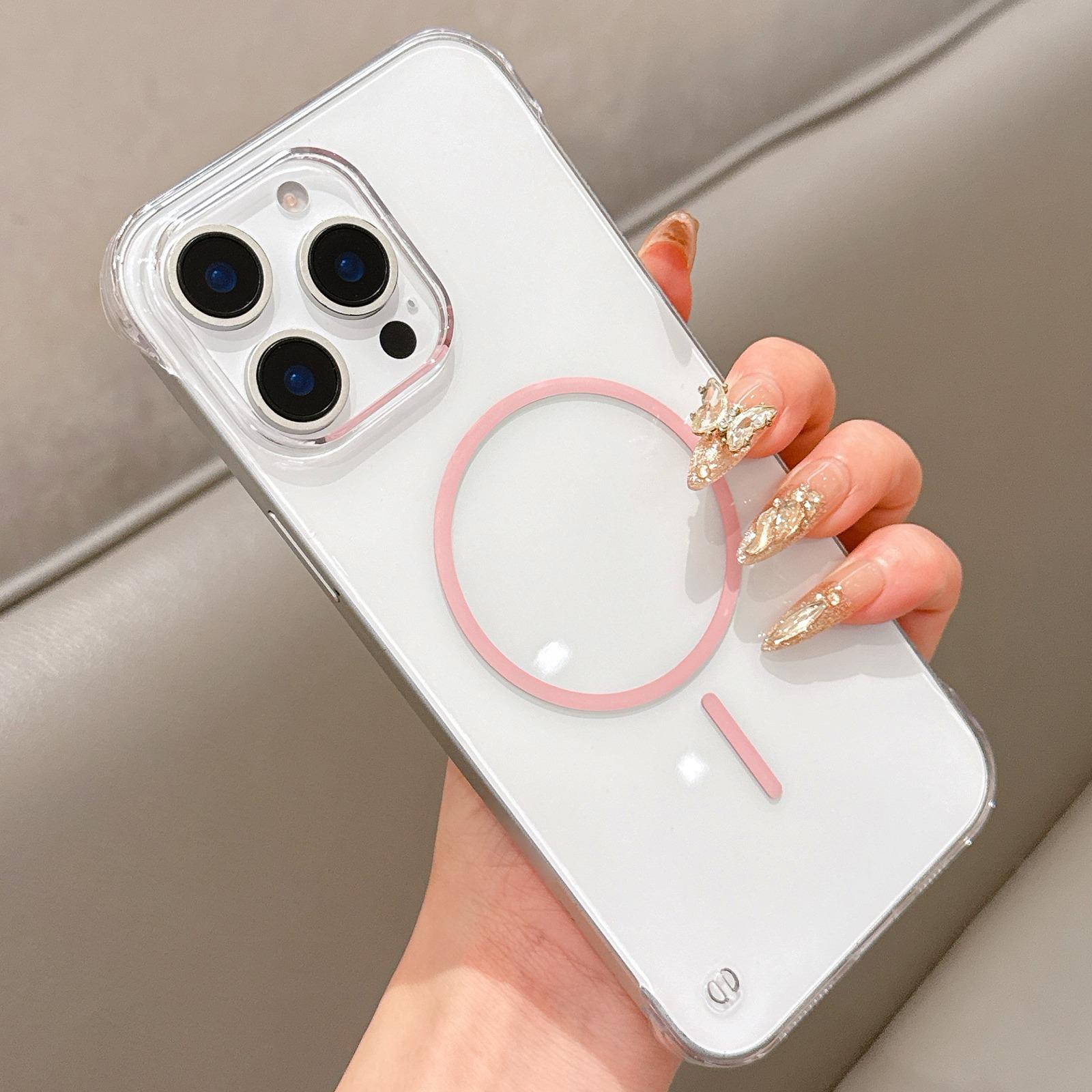 For iPhone 14 Pro Half Frame Transparent PC MagSafe Phone Case(Pink) - Shopkiz.com