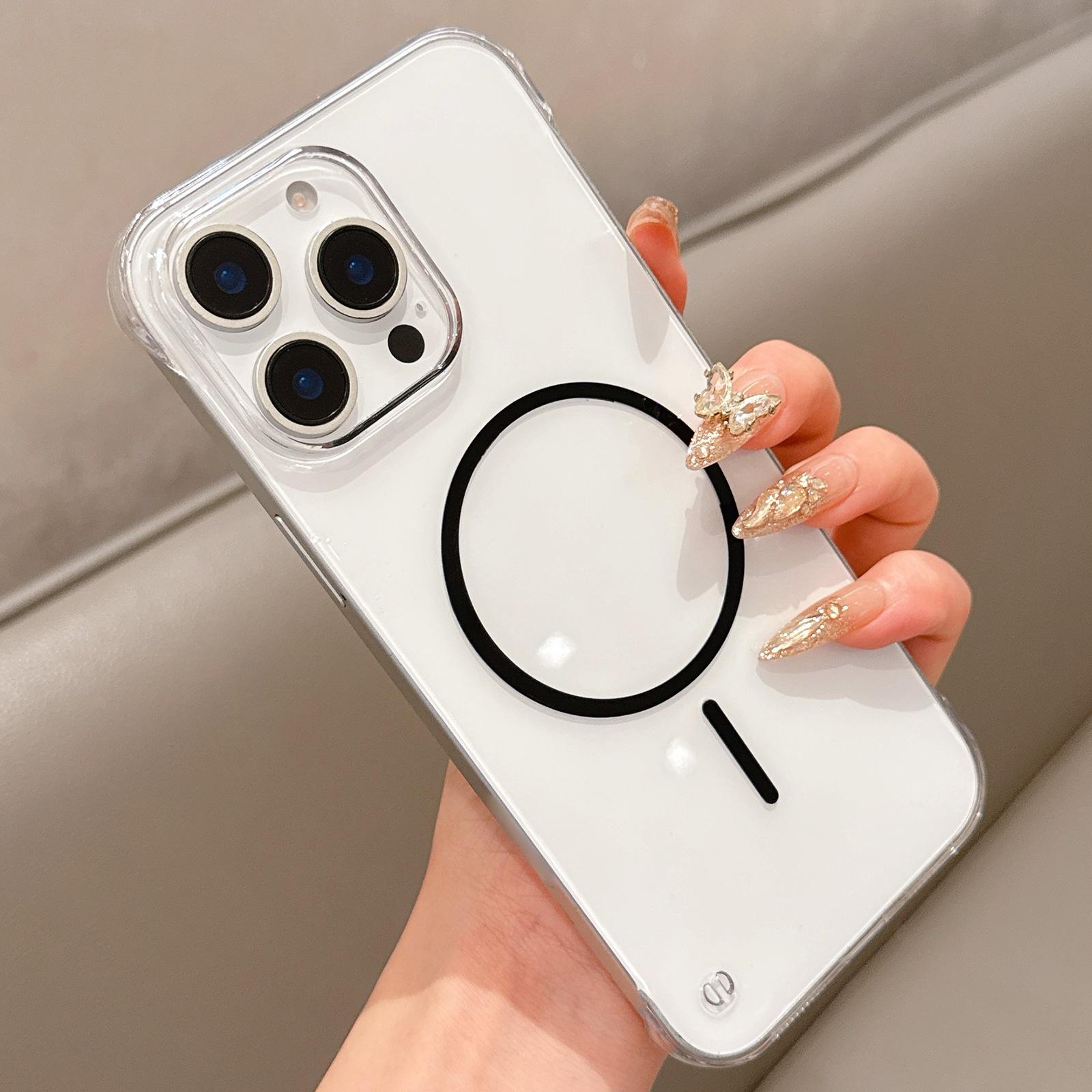 For iPhone 14 Pro Half Frame Transparent PC MagSafe Phone Case(Black) - Shopkiz.com