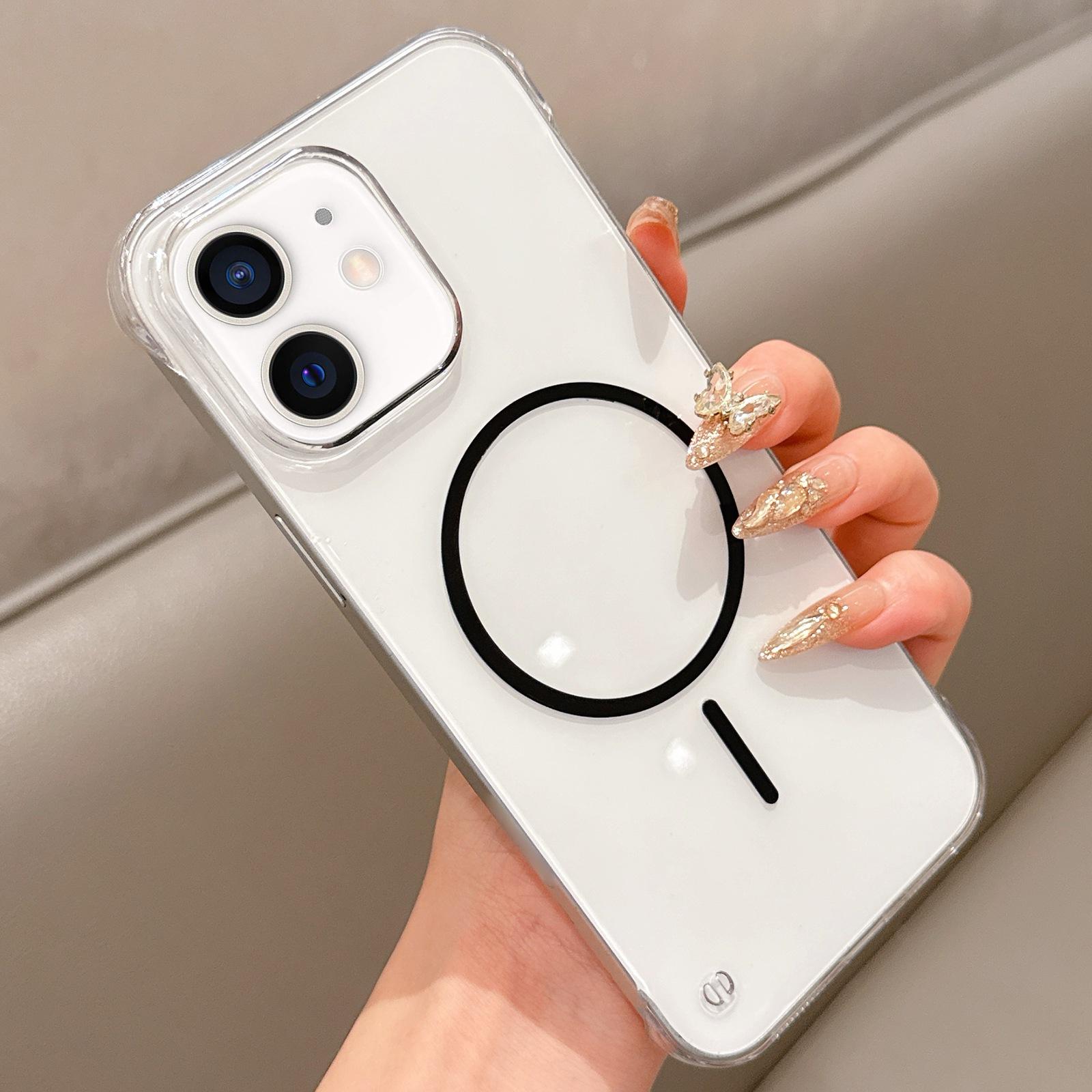 For iPhone 12 Half Frame Transparent PC MagSafe Phone Case(Black) - Shopkiz.com