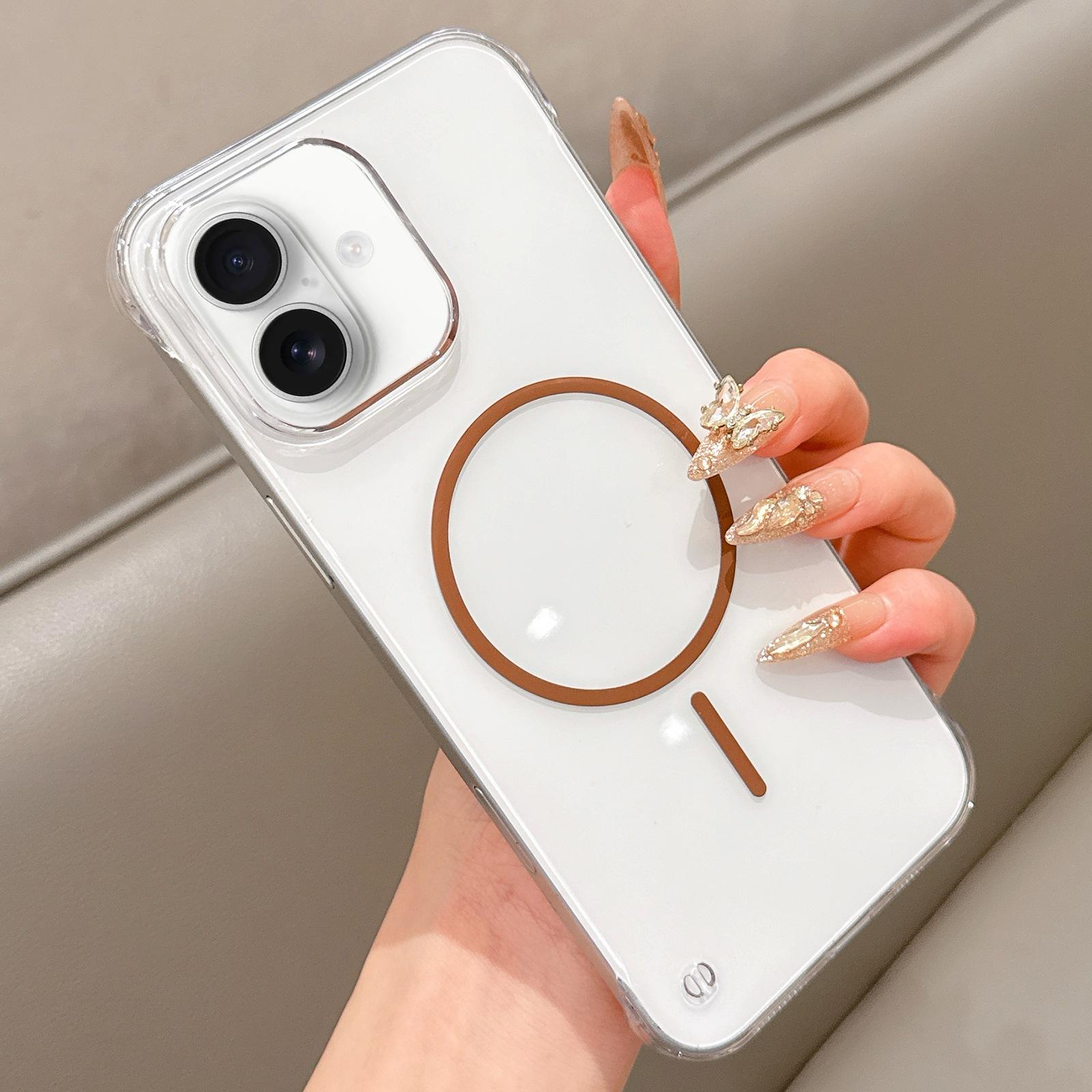 For iPhone 16 Plus Half Frame Transparent PC MagSafe Phone Case(Brown) - Shopkiz.com