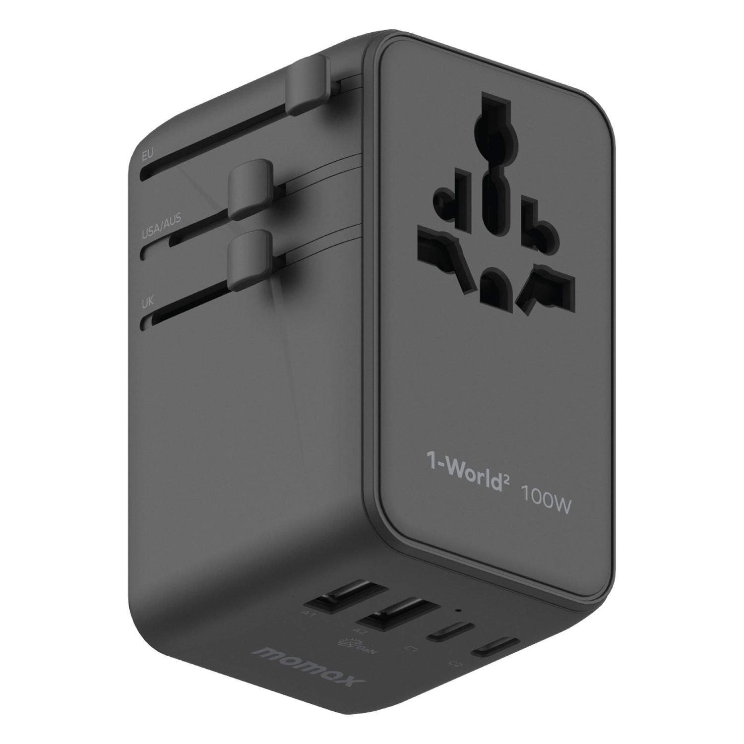 MOMAX UA23 1-World 2 4-Port Mini Universal Travel GaN Charger 100W with Dual AC(Black) - Shopkiz.com