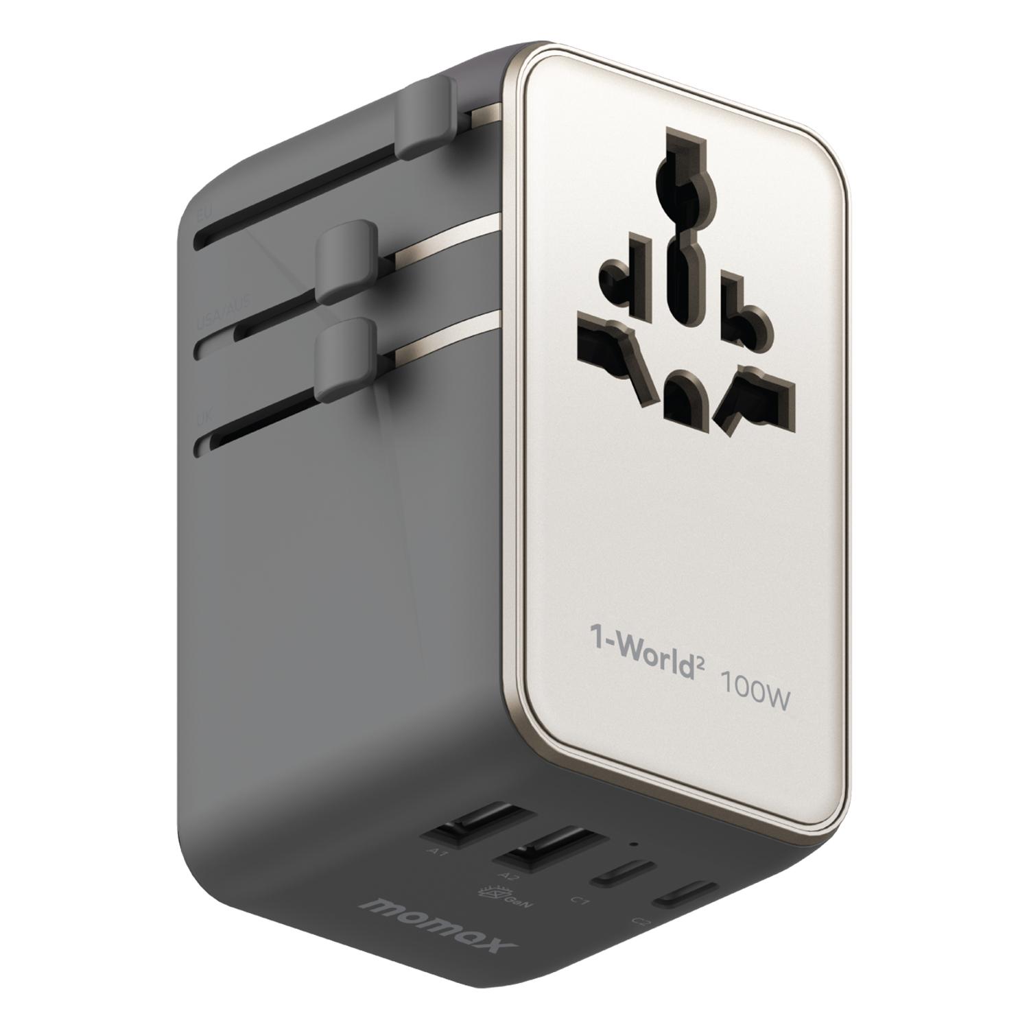 MOMAX UA23 1-World 2 4-Port Mini Universal Travel GaN Charger 100W with Dual AC(Titanium) - Shopkiz.com