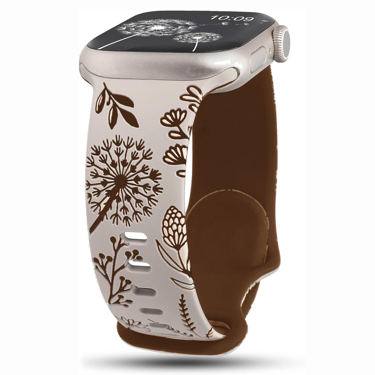 For Apple Watch 42mm / 41mm / 40mm / 38mm Two Color Dandelion Engraved Silicone Watch Band(Starlight Caramel)