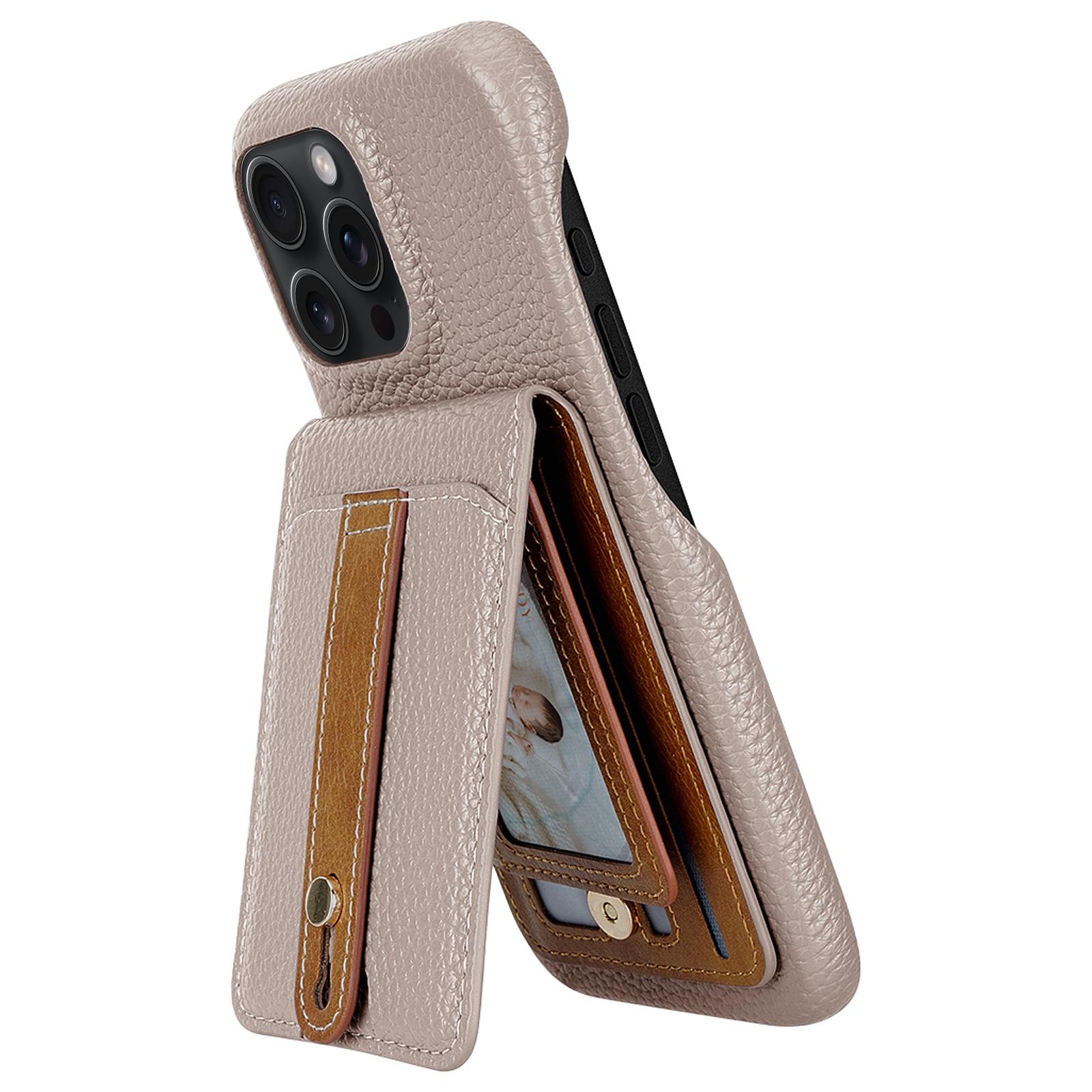 For iPhone 16 Pro Litchi Texture Leather Ring Card Bag Holder Phone Case(Grey) - Shopkiz.com