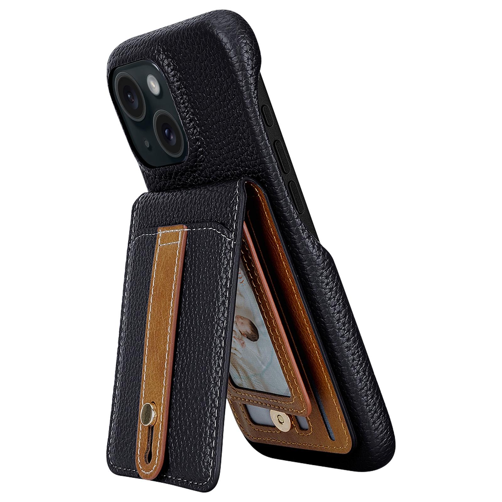 For iPhone 14 / 13 Litchi Texture Leather Ring Card Bag Holder Phone Case(Black) - Shopkiz.com
