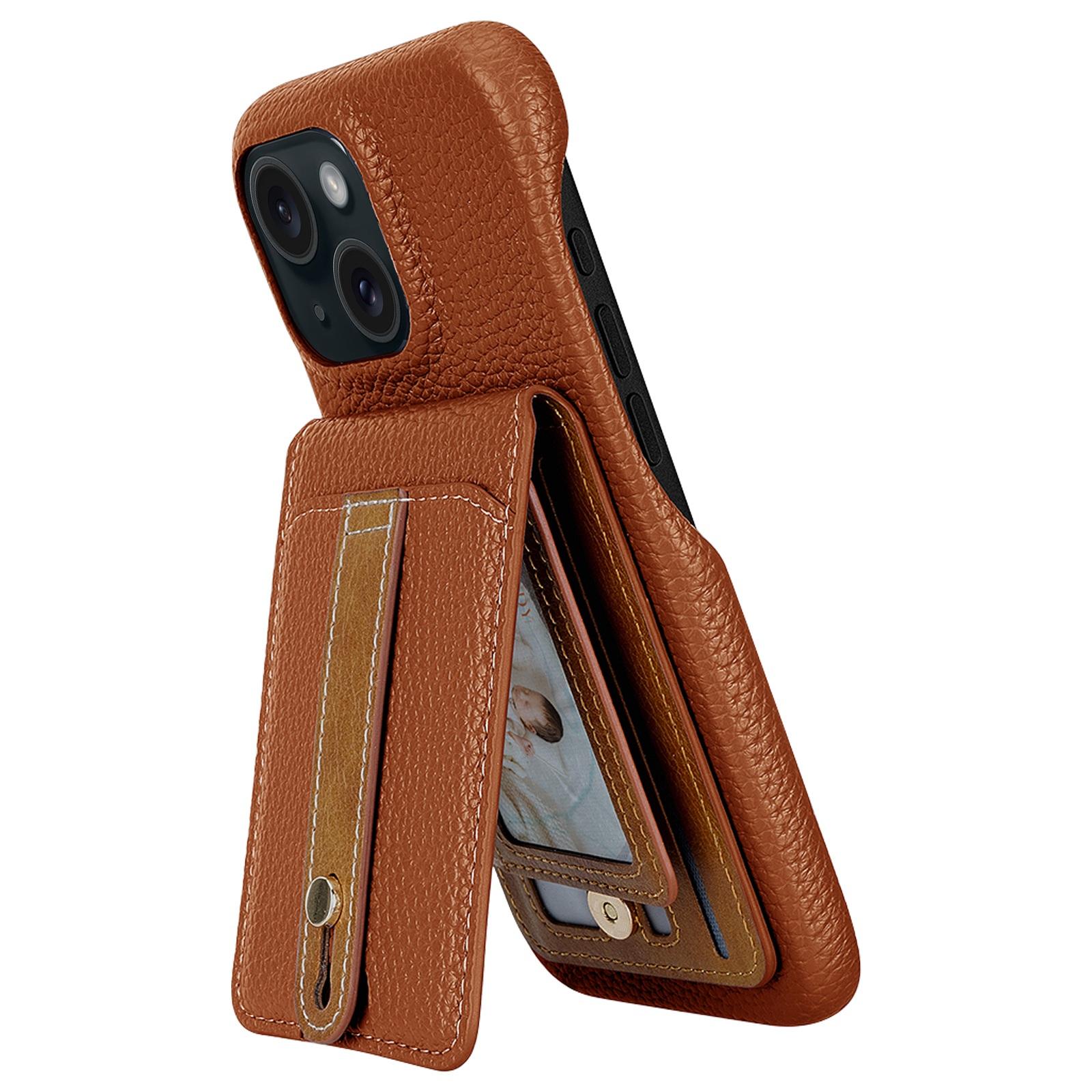 For iPhone 14 / 13 Litchi Texture Leather Ring Card Bag Holder Phone Case(Brown) - Shopkiz.com