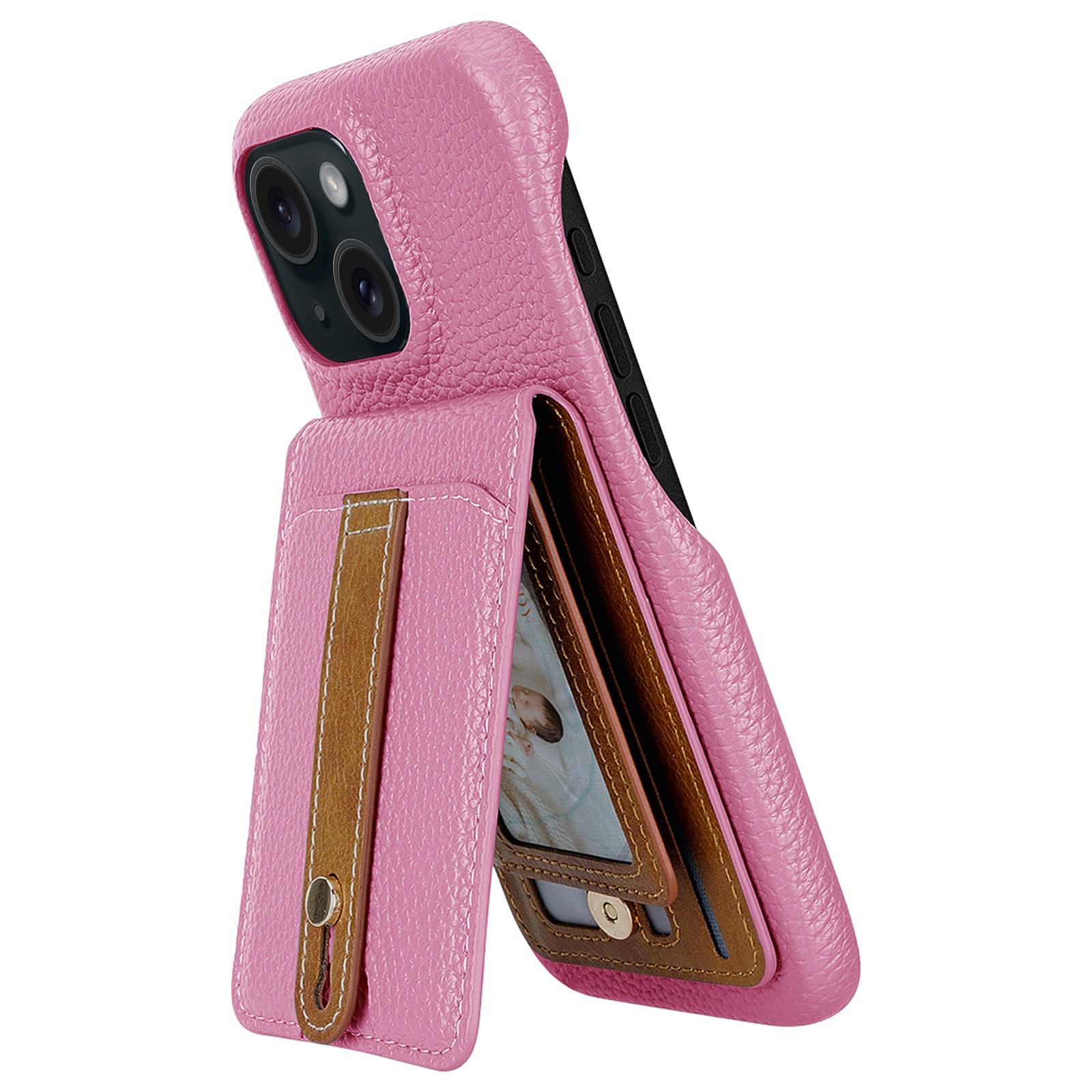 For iPhone 14 / 13 Litchi Texture Leather Ring Card Bag Holder Phone Case(Pink) - Shopkiz.com
