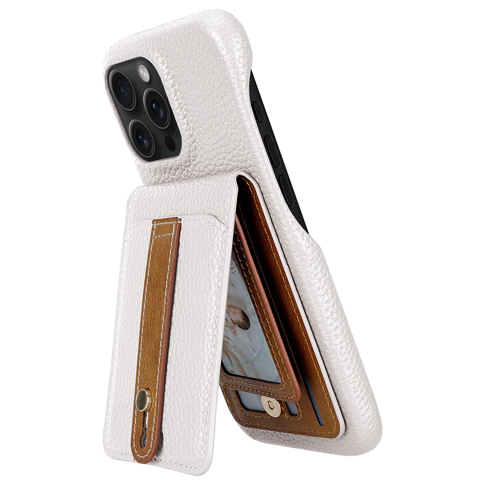 For iPhone 14 Pro Litchi Texture Leather Ring Card Bag Holder Phone Case(White) - Shopkiz.com