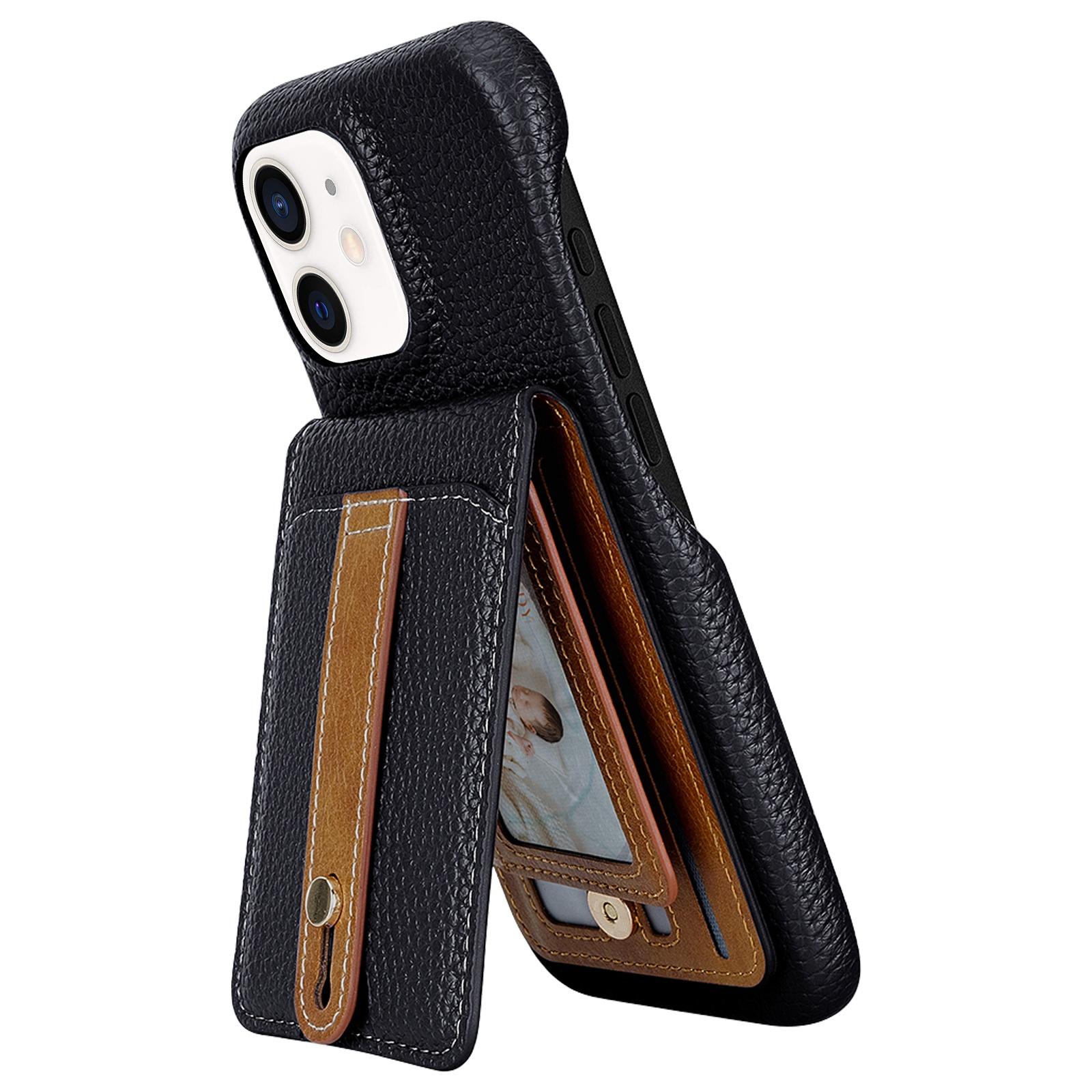 For iPhone 12 / 12 Pro Litchi Texture Leather Ring Card Bag Holder Phone Case(Black) - Shopkiz.com