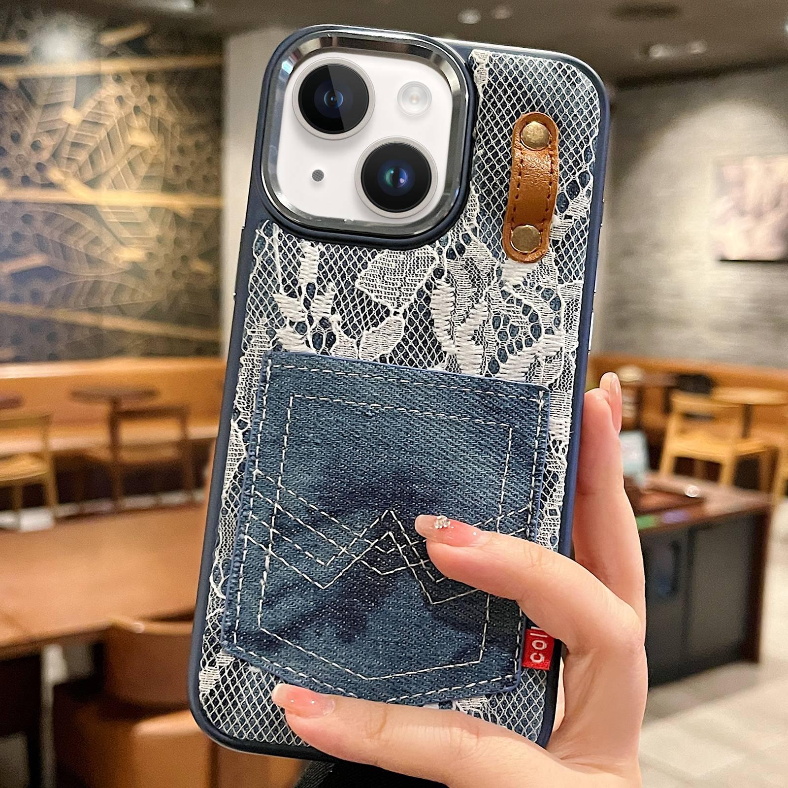 For iPhone 14 / 13 Denim Leather Pocket Design Phone Case(Royal Blue) - Shopkiz.com