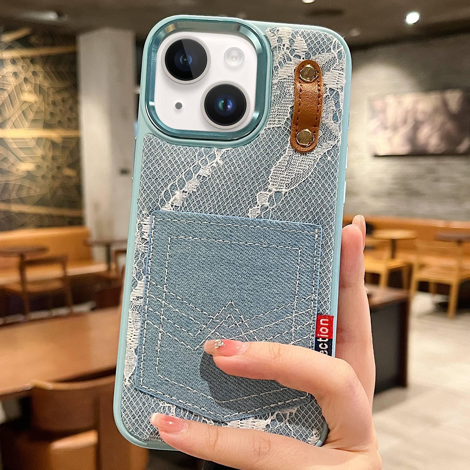 For iPhone 14 / 13 Denim Leather Pocket Design Phone Case(Light Blue) - Shopkiz.com