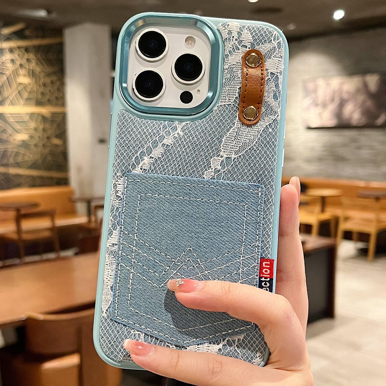 For iPhone 12 Pro Max Denim Leather Pocket Design Phone Case(Light Blue) - Shopkiz.com