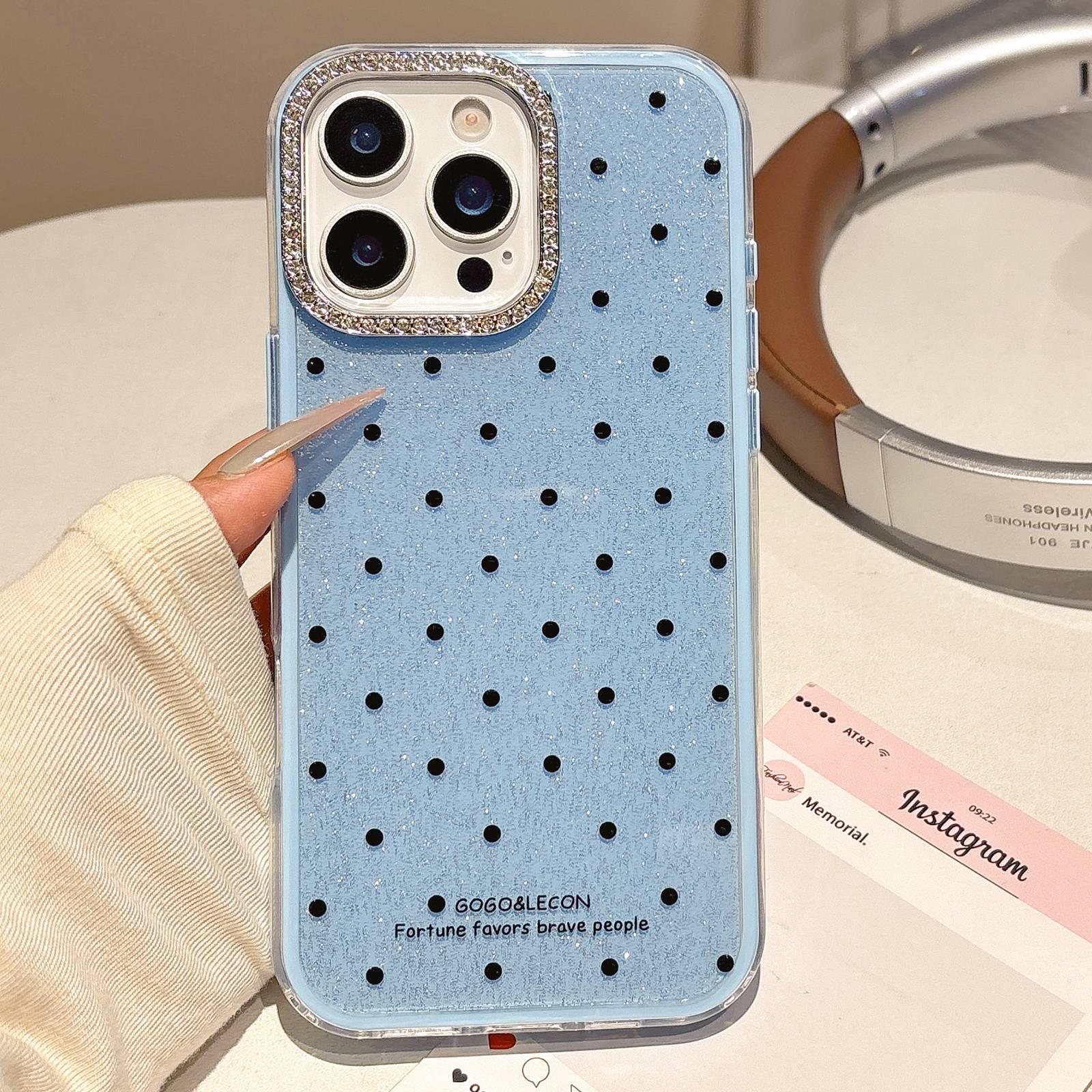 For iPhone 16 Pro Glitter Powder Dots Pattern Rhinestone Large Hole Phone Case(Blue) - Shopkiz.com