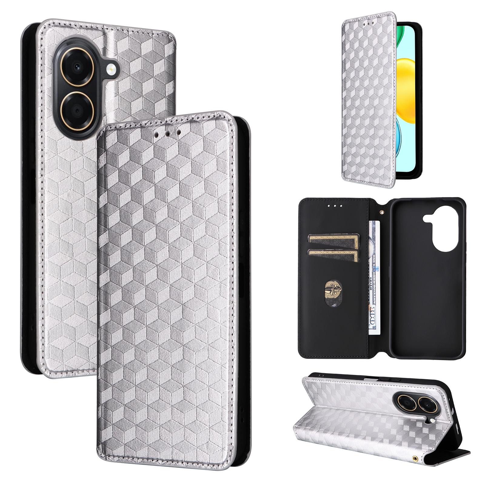 For Honor X7e 4G / Play 80 Plus 5G Cubic Grid Texture Flip Leather Phone Case(Silver) - Shopkiz.com