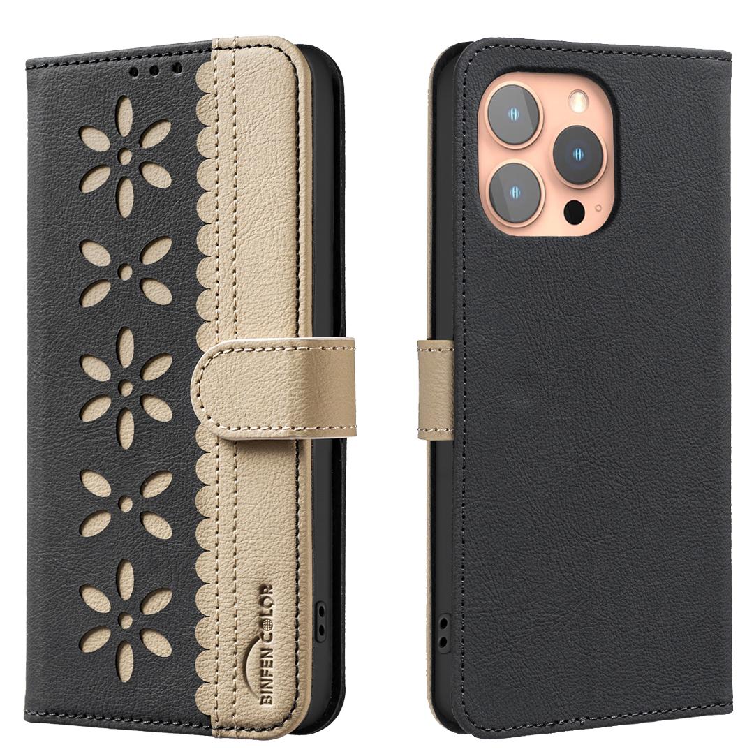 For iPhone 13 Pro Max Splicing Color Hollow Flower Pattern RFID Leather Phone Case(Black) - Shopkiz.com