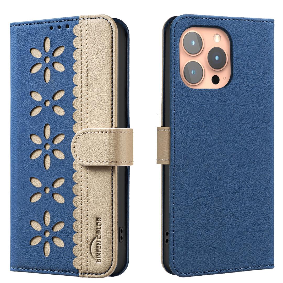 For iPhone 13 Pro Splicing Color Hollow Flower Pattern RFID Leather Phone Case(Dark Blue) - Shopkiz.com
