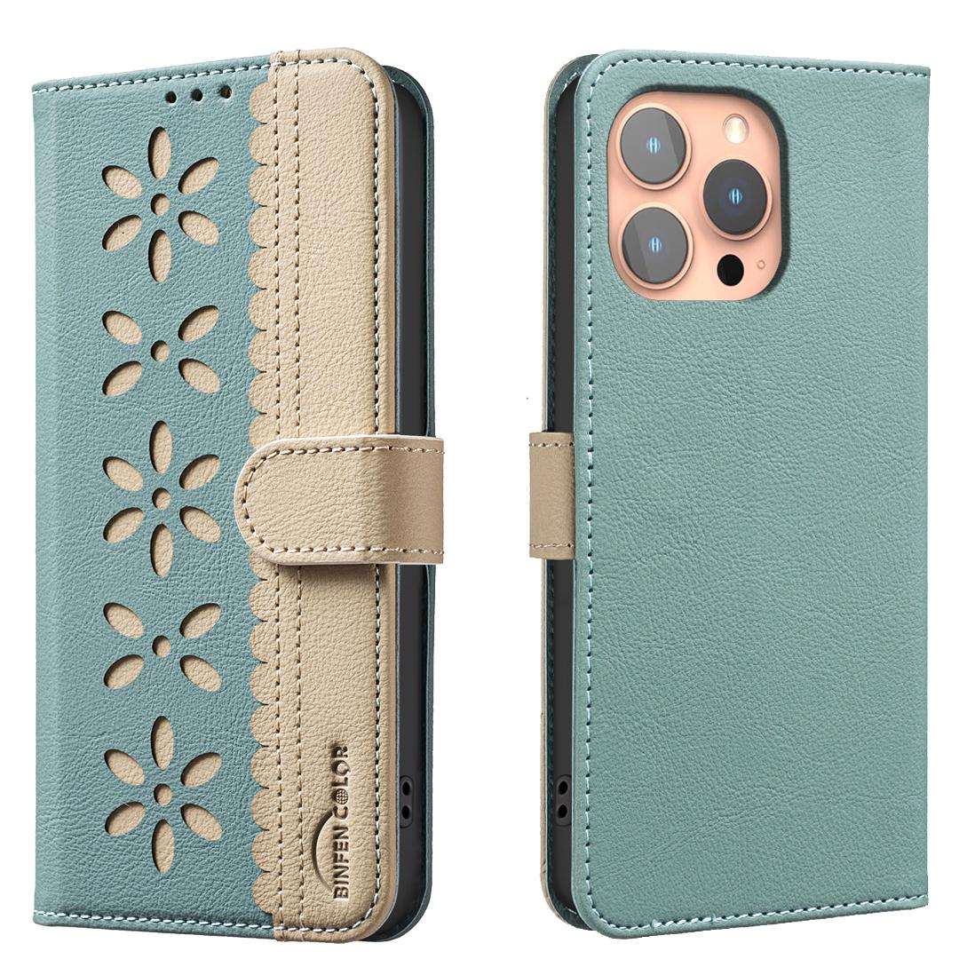 For iPhone 14 Pro Splicing Color Hollow Flower Pattern RFID Leather Phone Case(Green) - Shopkiz.com