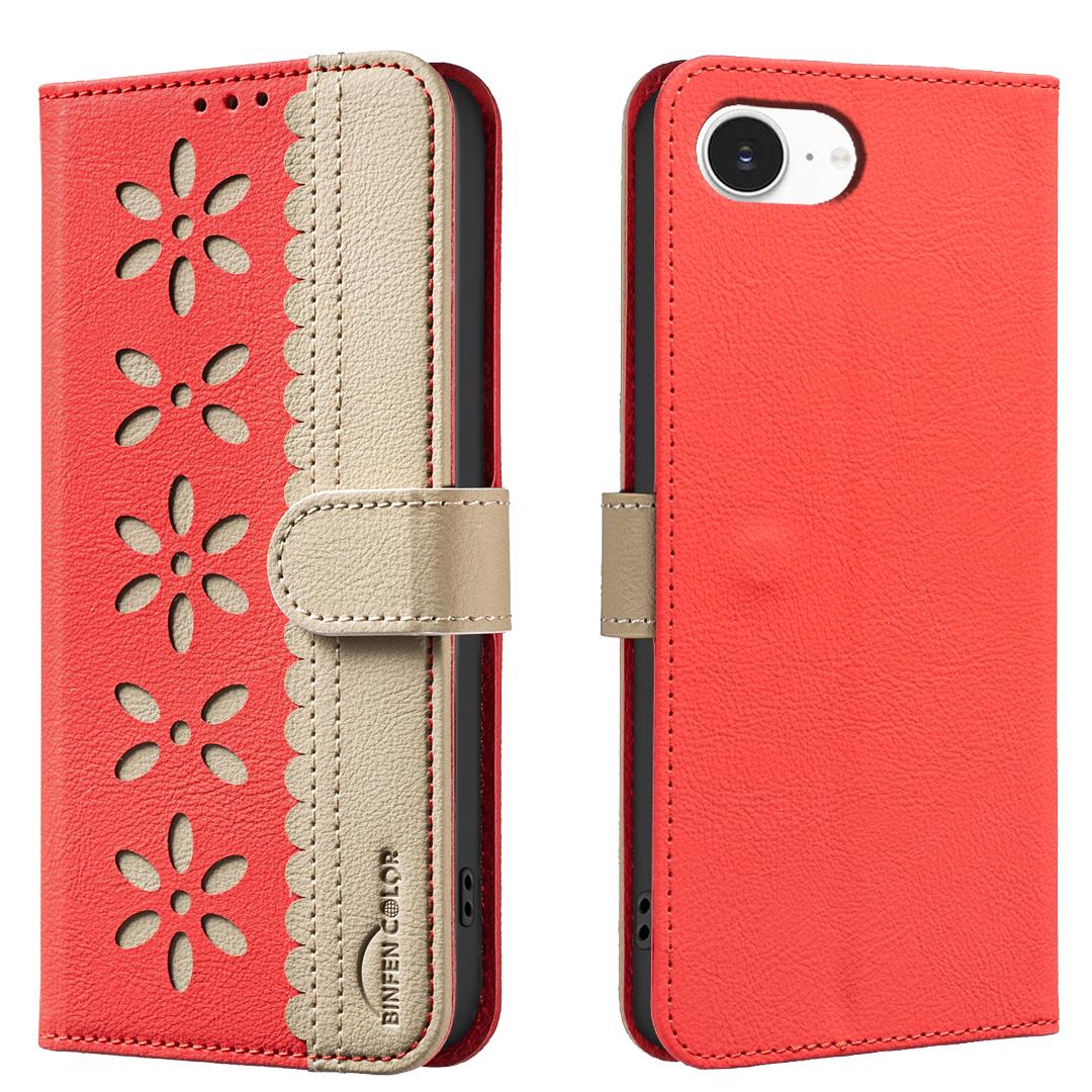 For iPhone 16e / 17e Splicing Color Hollow Flower Pattern RFID Leather Phone Case(Red) - Shopkiz.com