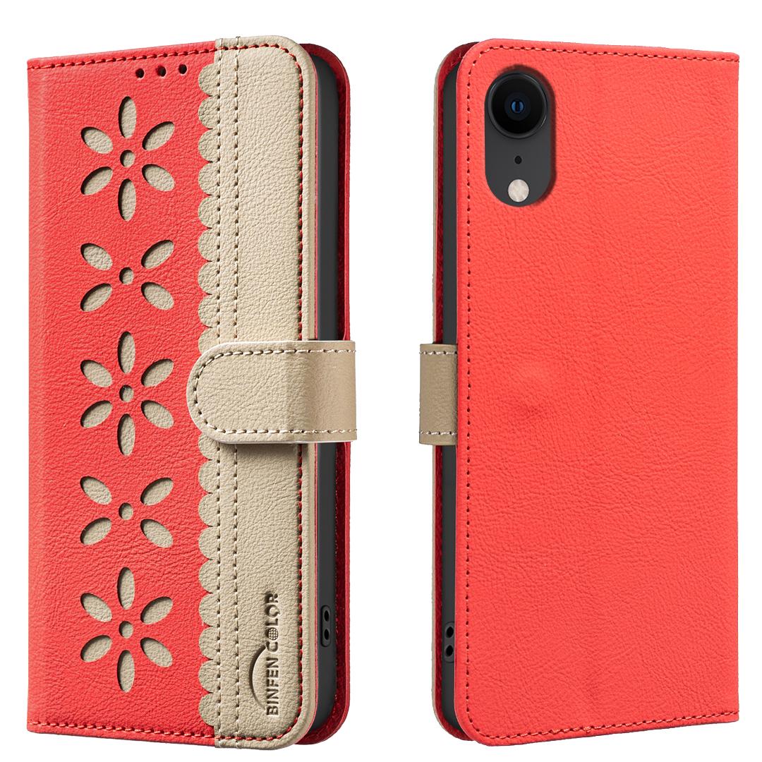 For iPhone XR Splicing Color Hollow Flower Pattern RFID Leather Phone Case(Red) - Shopkiz.com