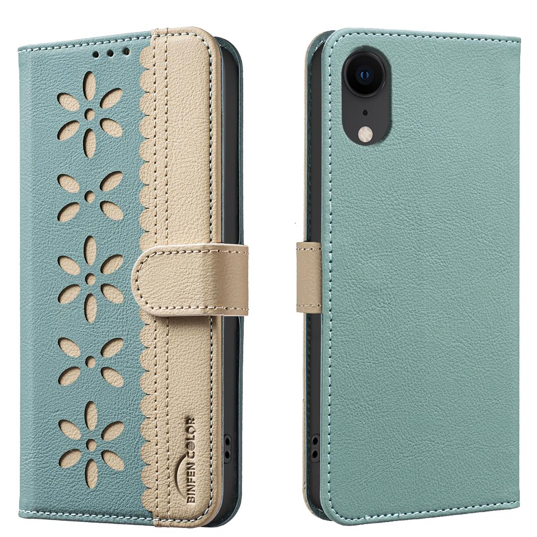 For iPhone XR Splicing Color Hollow Flower Pattern RFID Leather Phone Case(Green) - Shopkiz.com