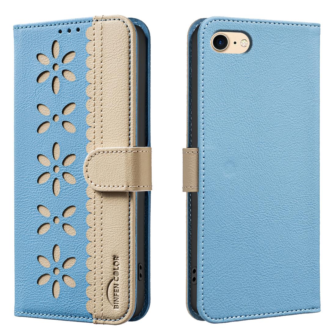 For iPhone 6 / 7 / 8 Splicing Color Hollow Flower Pattern RFID Leather Phone Case(Baby Blue) - Shopkiz.com