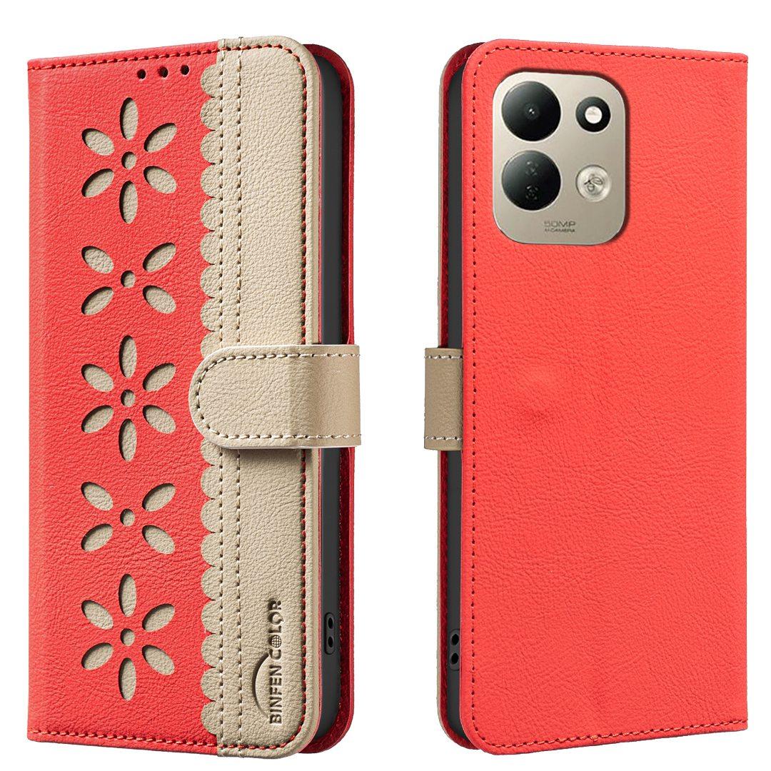 For Redmi 17 5G / 4G Global 170mm Splicing Color Hollow Flower Pattern RFID Leather Phone Case(Red) - Shopkiz.com