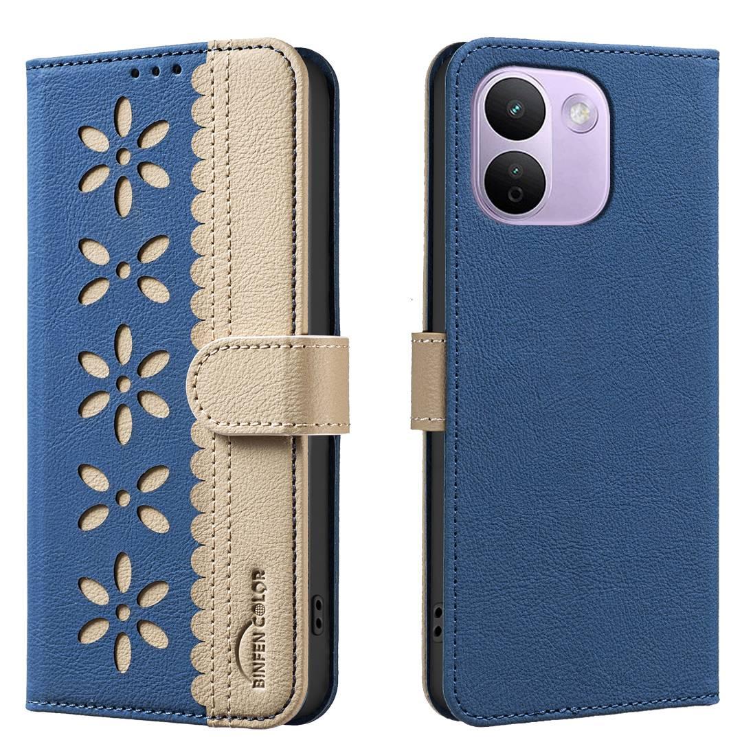 For Redmi Note 17 Pro+ 5G Global 163mm Splicing Color Hollow Flower Pattern RFID Leather Phone Case(Dark Blue) - Shopkiz.com