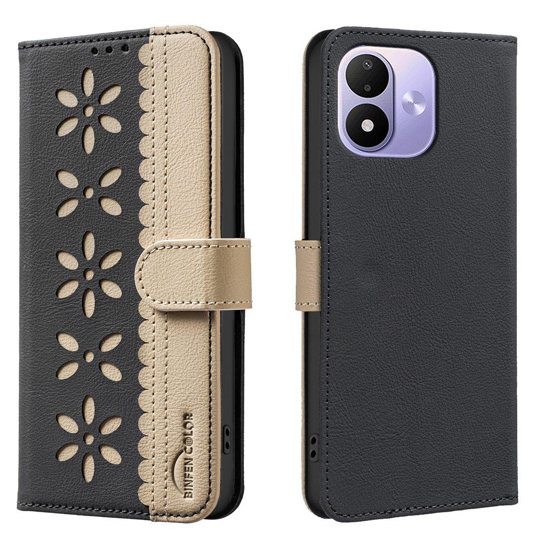 For Redmi Note 17 4G Global 171mm Splicing Color Hollow Flower Pattern RFID Leather Phone Case(Black) - Shopkiz.com