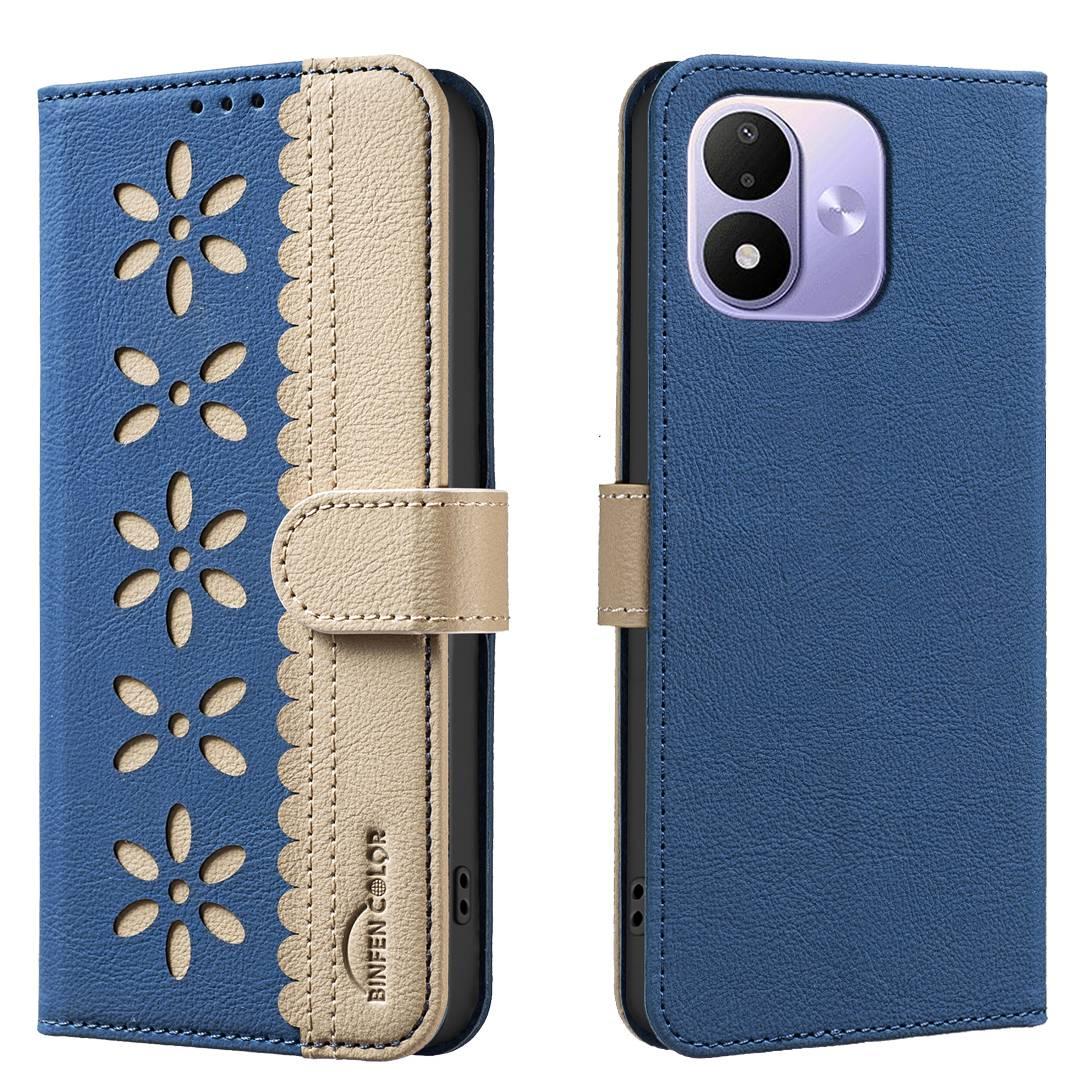 For Redmi Note 17 4G Global 171mm Splicing Color Hollow Flower Pattern RFID Leather Phone Case(Dark Blue) - Shopkiz.com