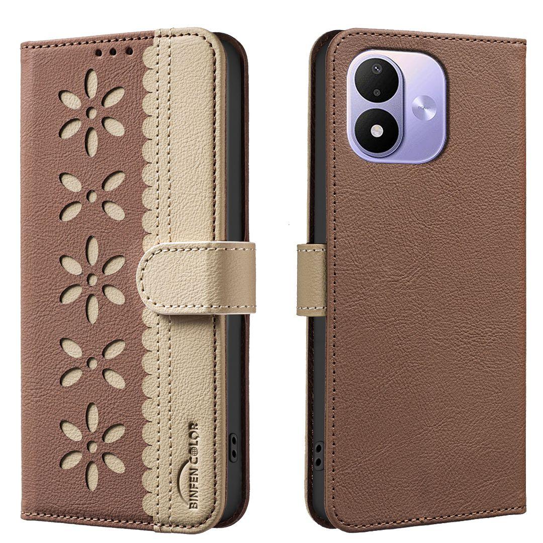 For Redmi Note 17 4G Global 171mm Splicing Color Hollow Flower Pattern RFID Leather Phone Case(Brown) - Shopkiz.com