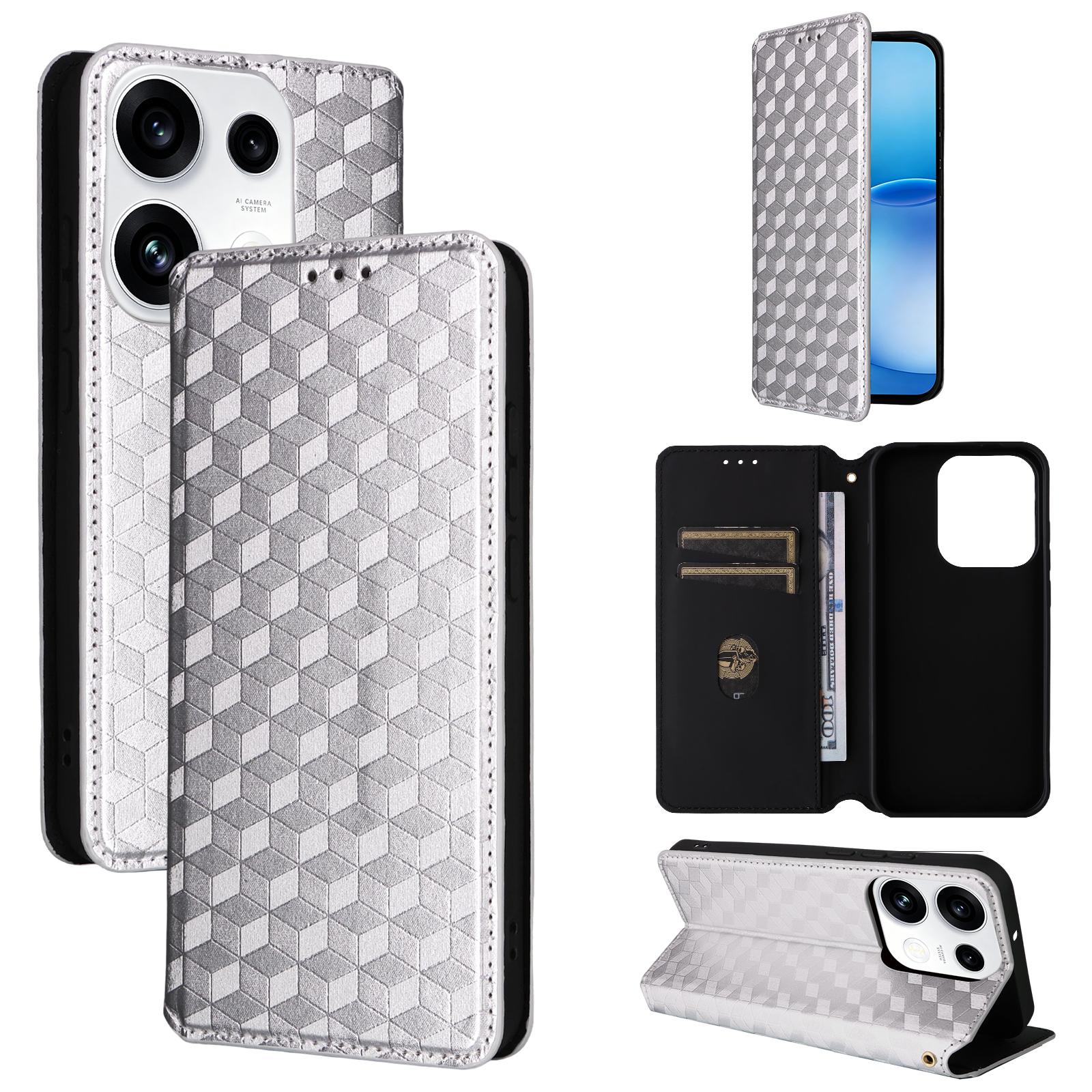 For OPPO Reno16 F 5G / Reno16 FS 5G Cubic Grid Texture Flip Leather Phone Case(Silver) - Shopkiz.com