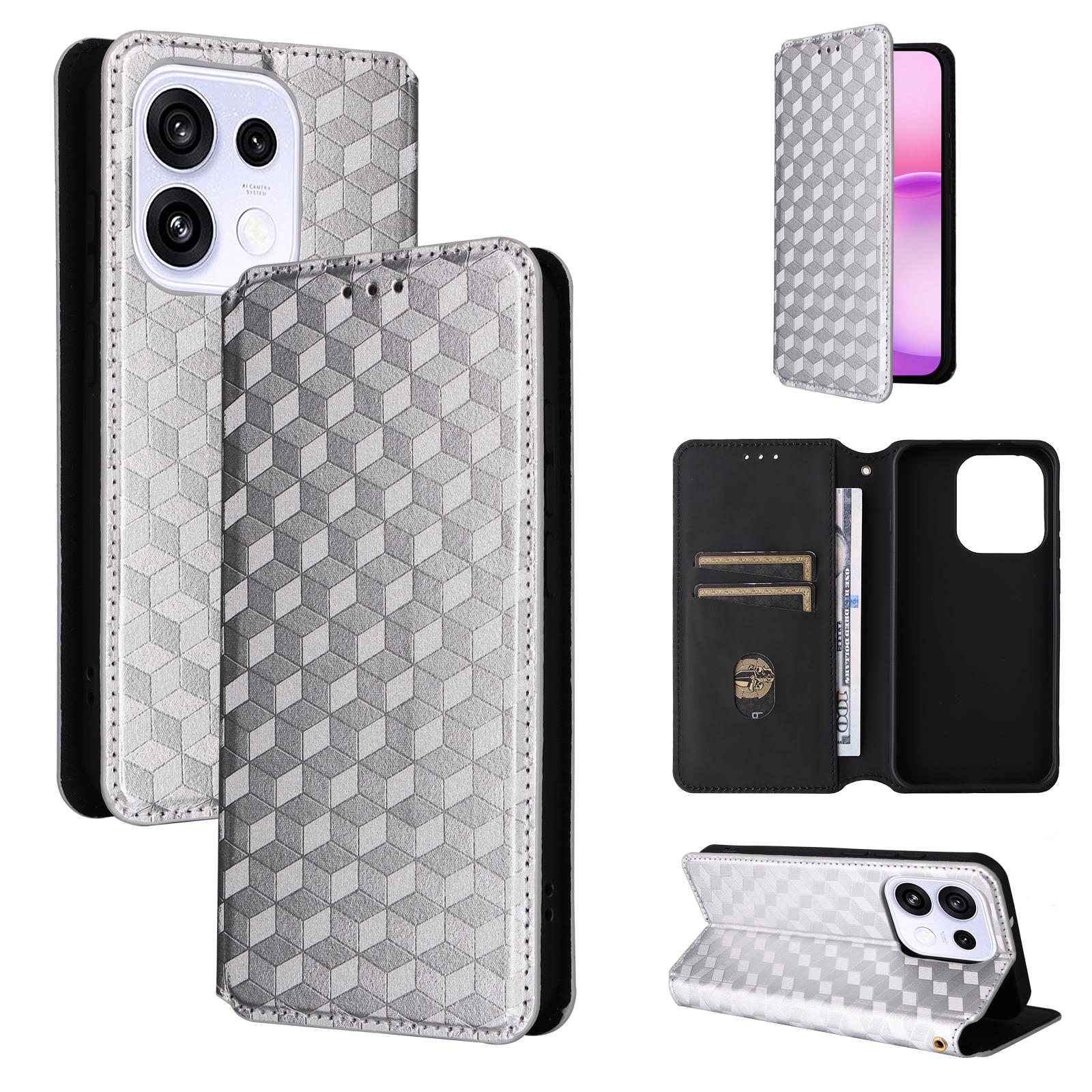 For OPPO Reno16 5G / Reno16 Pro 5G Global Cubic Grid Texture Flip Leather Phone Case(Silver) - Shopkiz.com