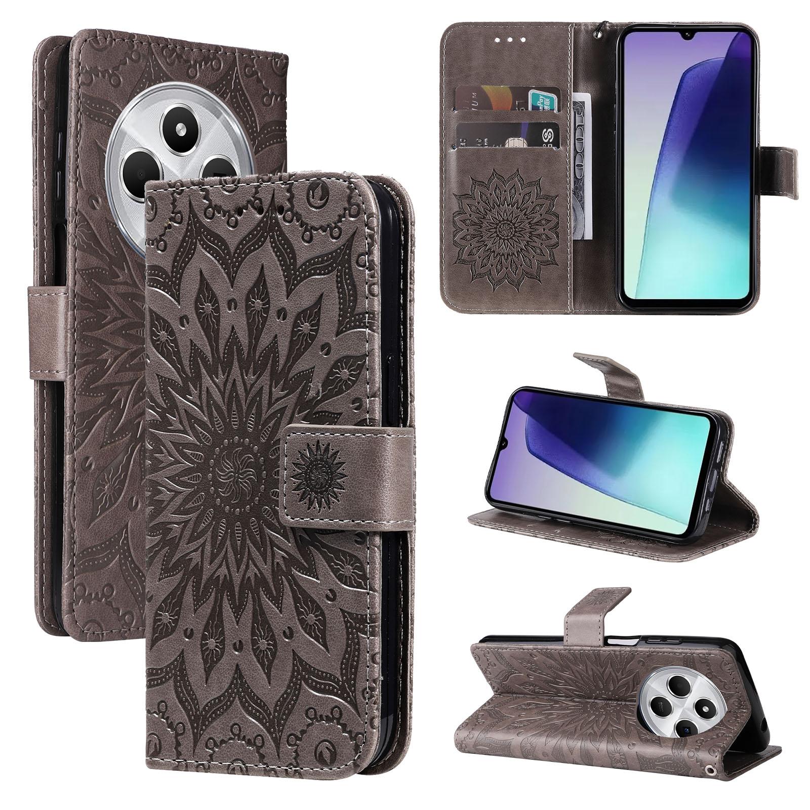 For Redmi 17C/14C 4G/A4 5G/Poco C75 5G Embossed Sunflower Pattern Flip Leather Phone Case(Grey) - Shopkiz.com