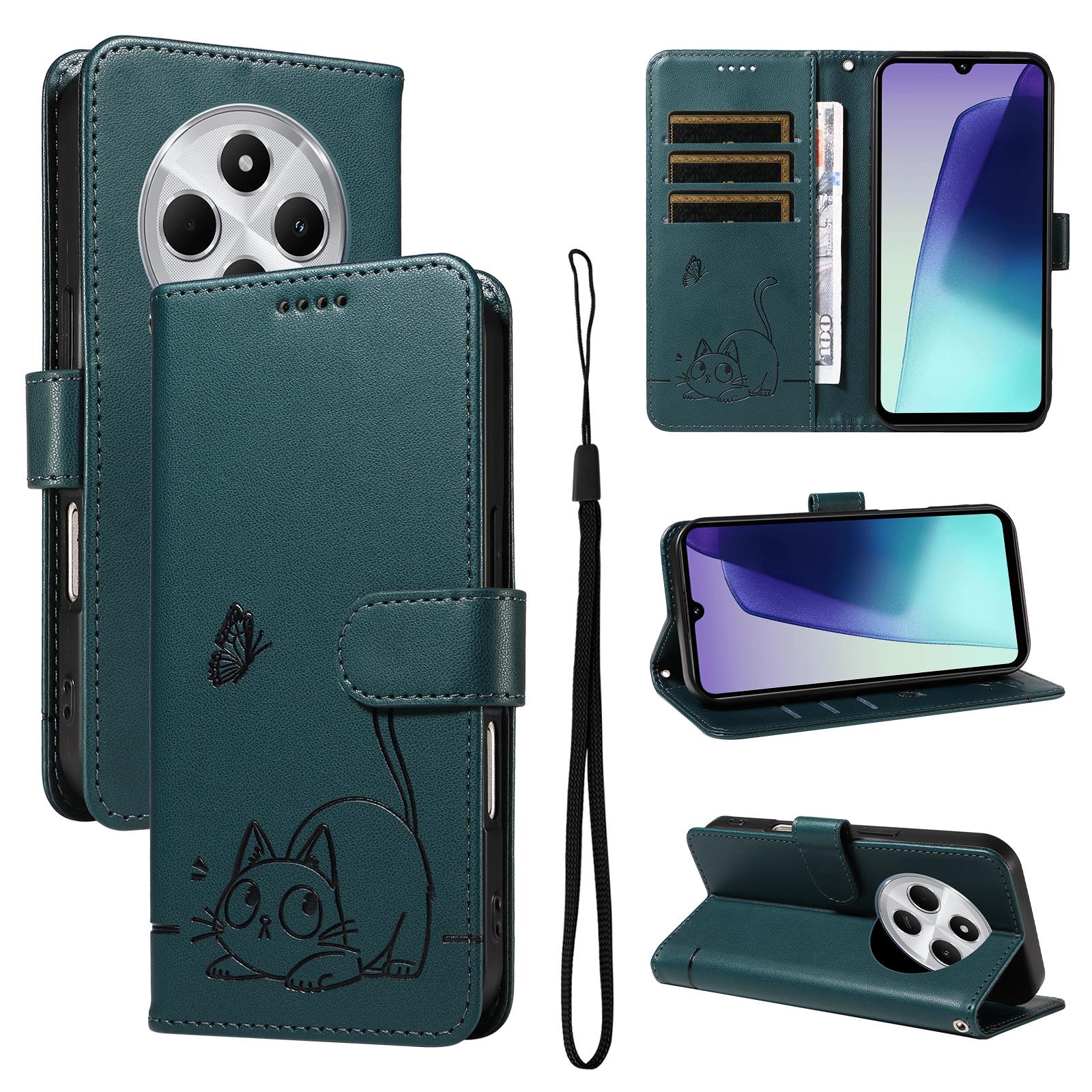For Redmi 17C/14C 4G/A4 5G/Poco C75 5G Adorable Cat Embossed Pattern Flip Leather Phone Case(Dark Green) - Shopkiz.com