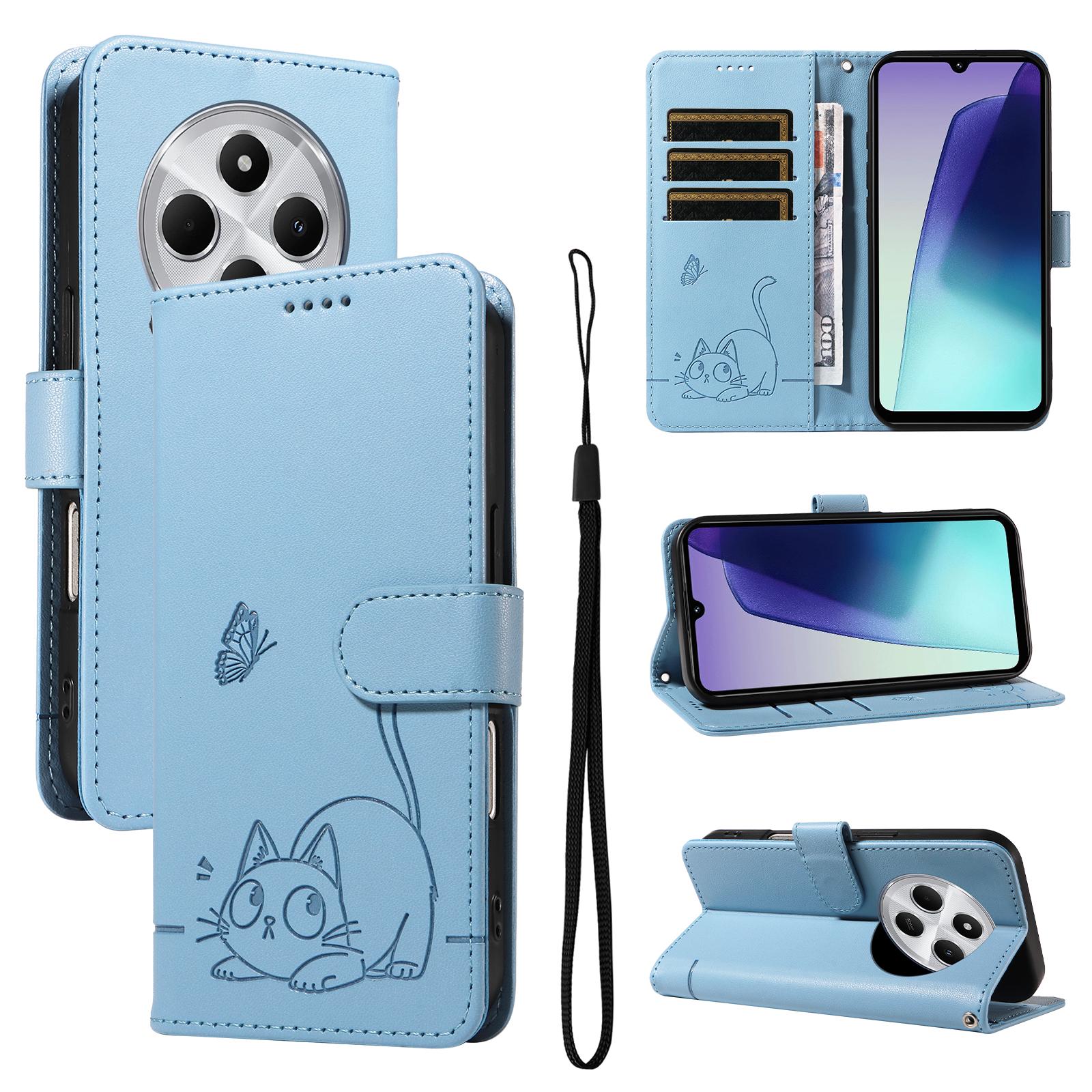 For Redmi 17C/14C 4G/A4 5G/Poco C75 5G Adorable Cat Embossed Pattern Flip Leather Phone Case(Sky Blue) - Shopkiz.com